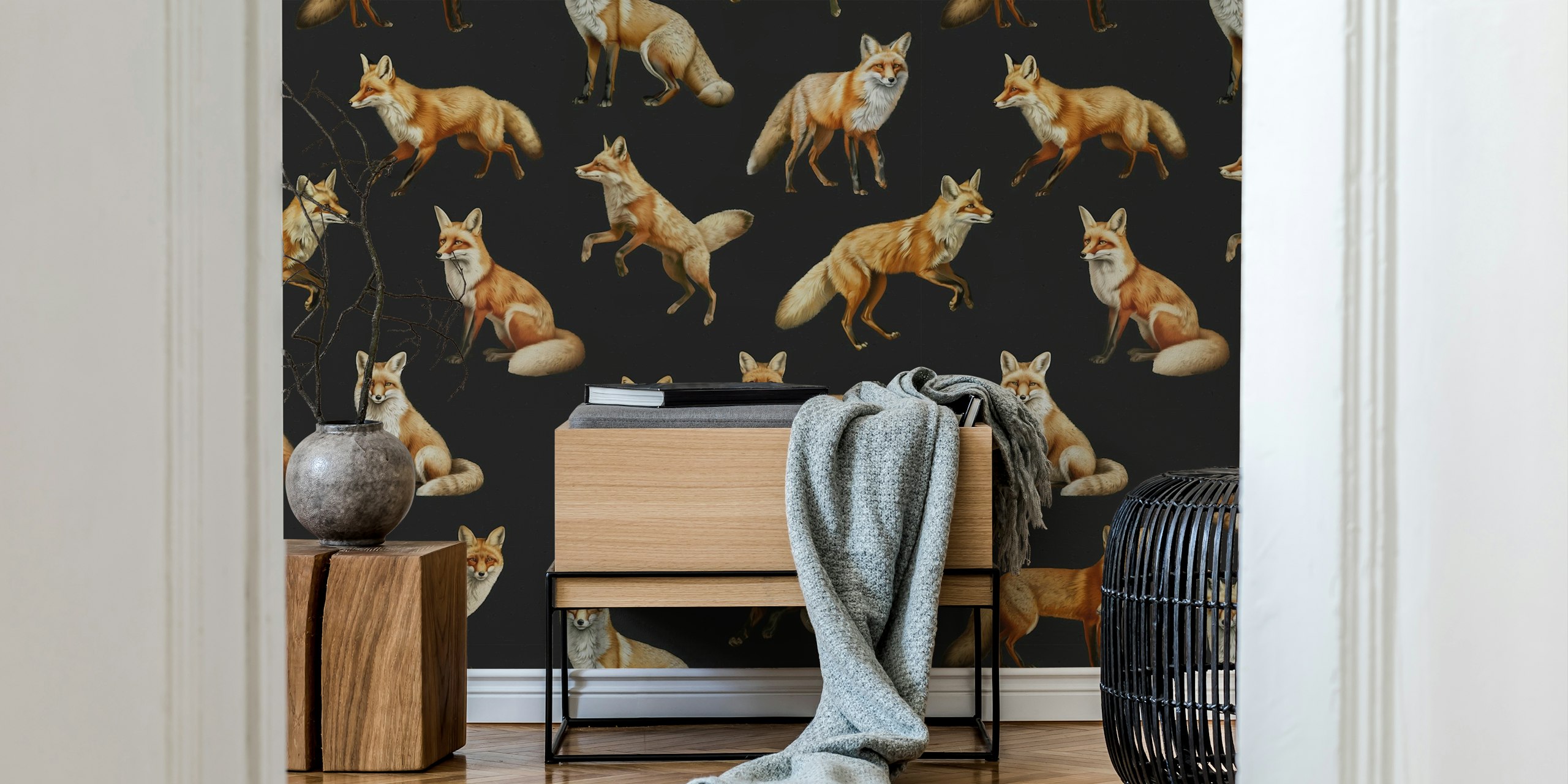 Various fox illustrations on a dark background wallpaper