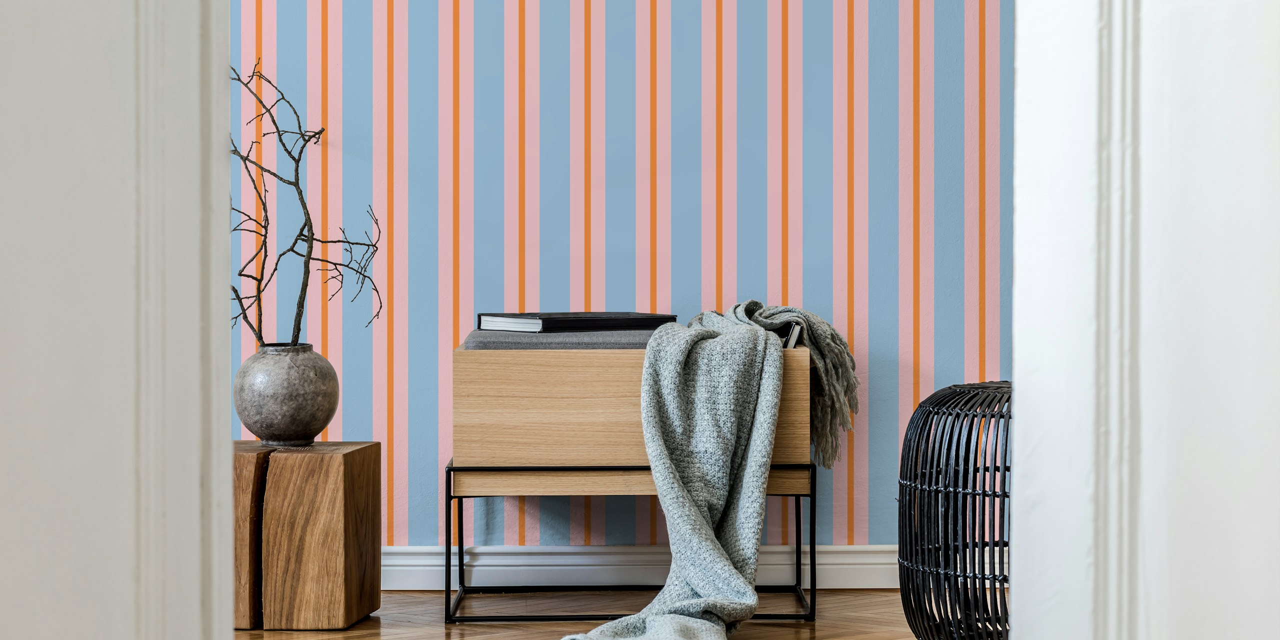 Striped wallpaper in pink, blue, and orange colors