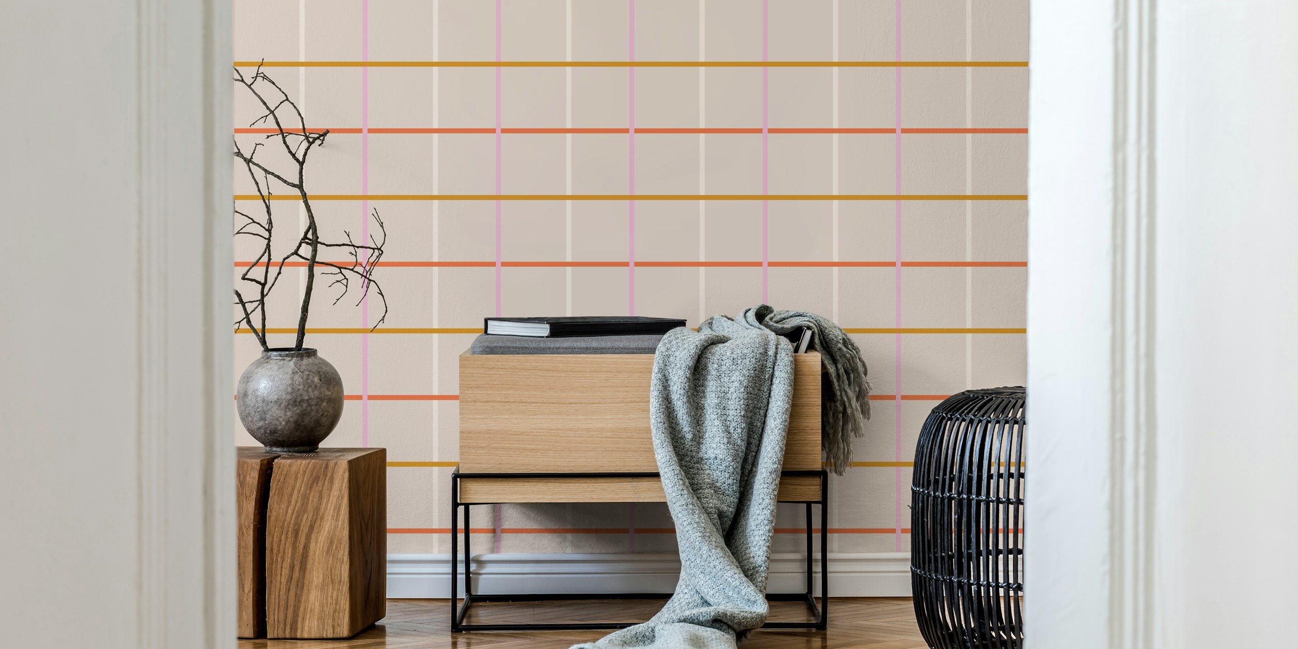 Pink Orange Grid tapet i en rumsmiljö