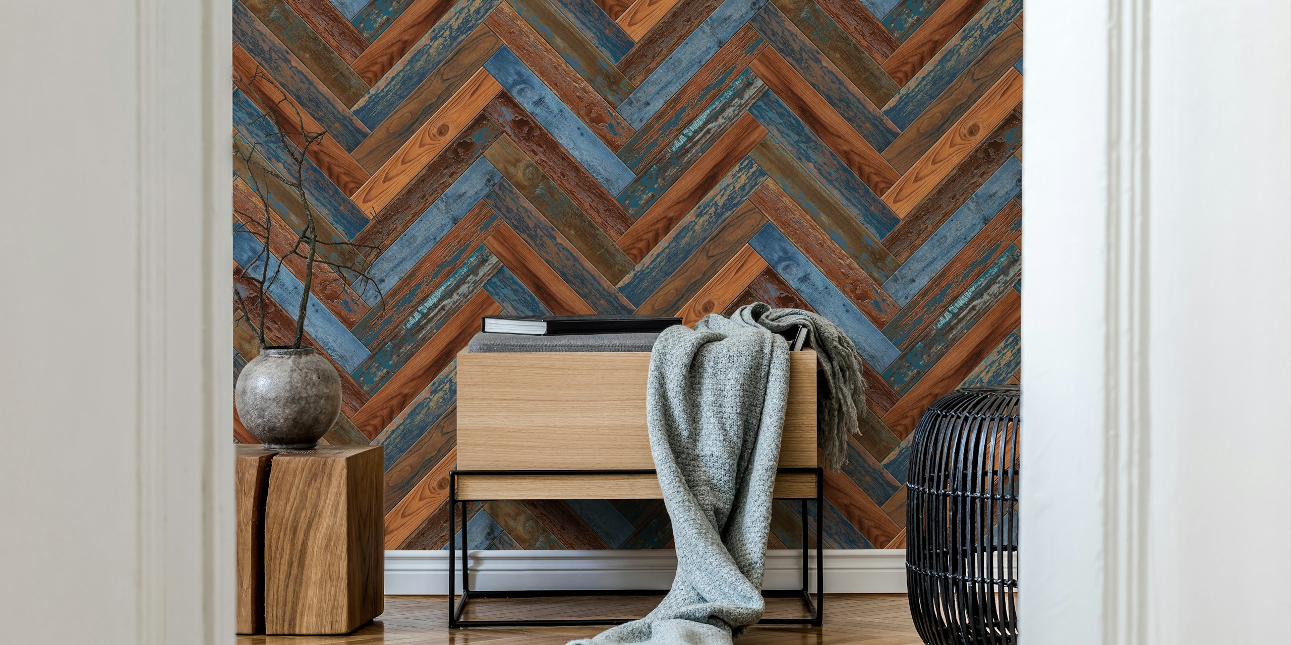 Chevron Wood Denim Rust wallpaper in a room