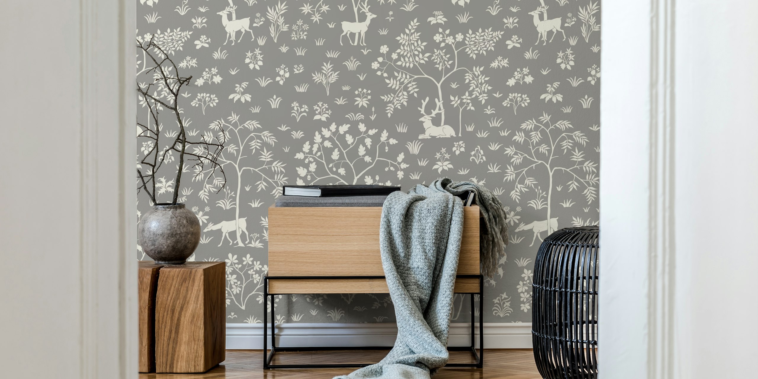 Vintage meadow wallpaper with deer on grey