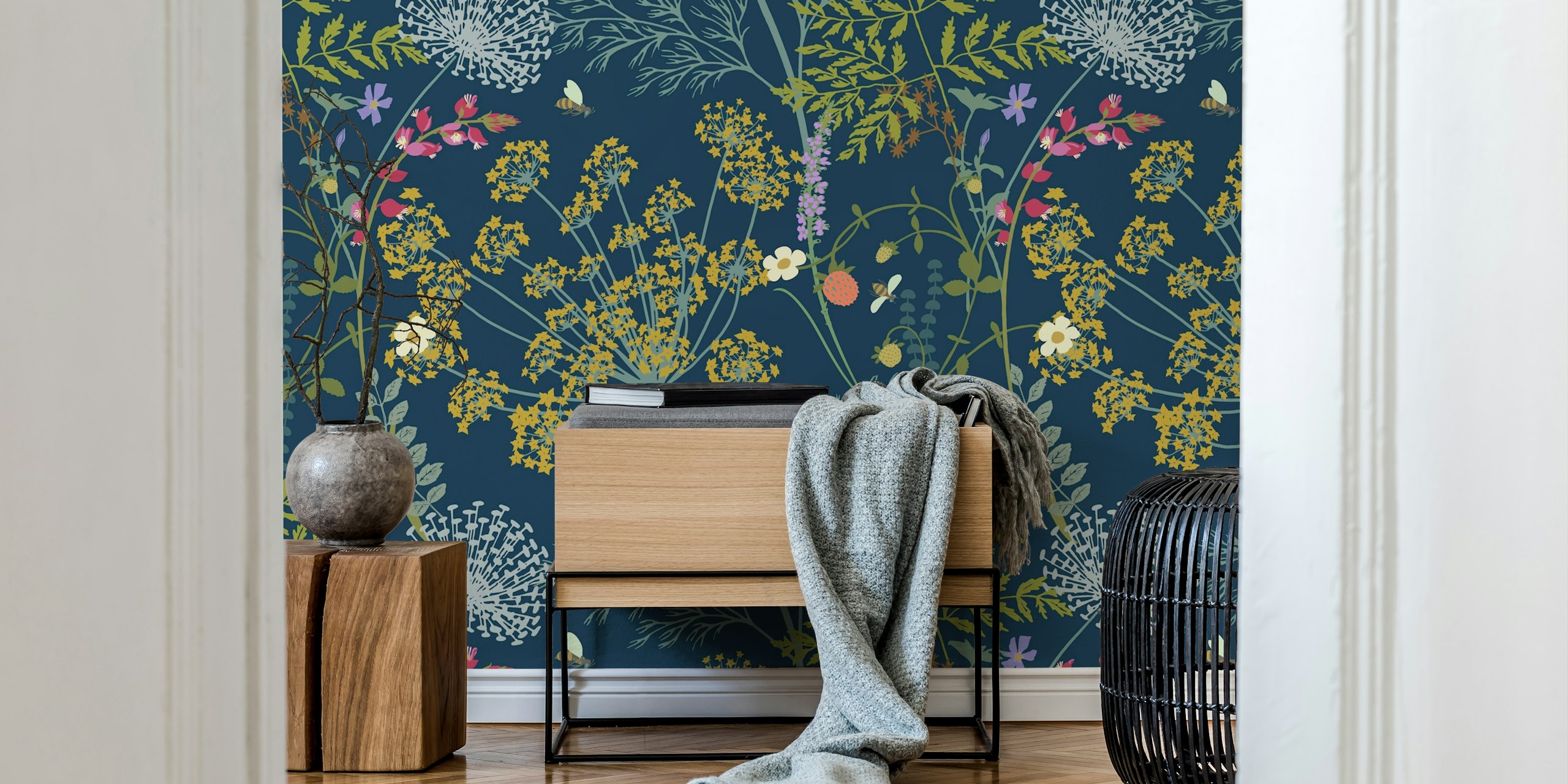 Floral and herbal motifs in vibrant colors on a blue backdrop wallpaper