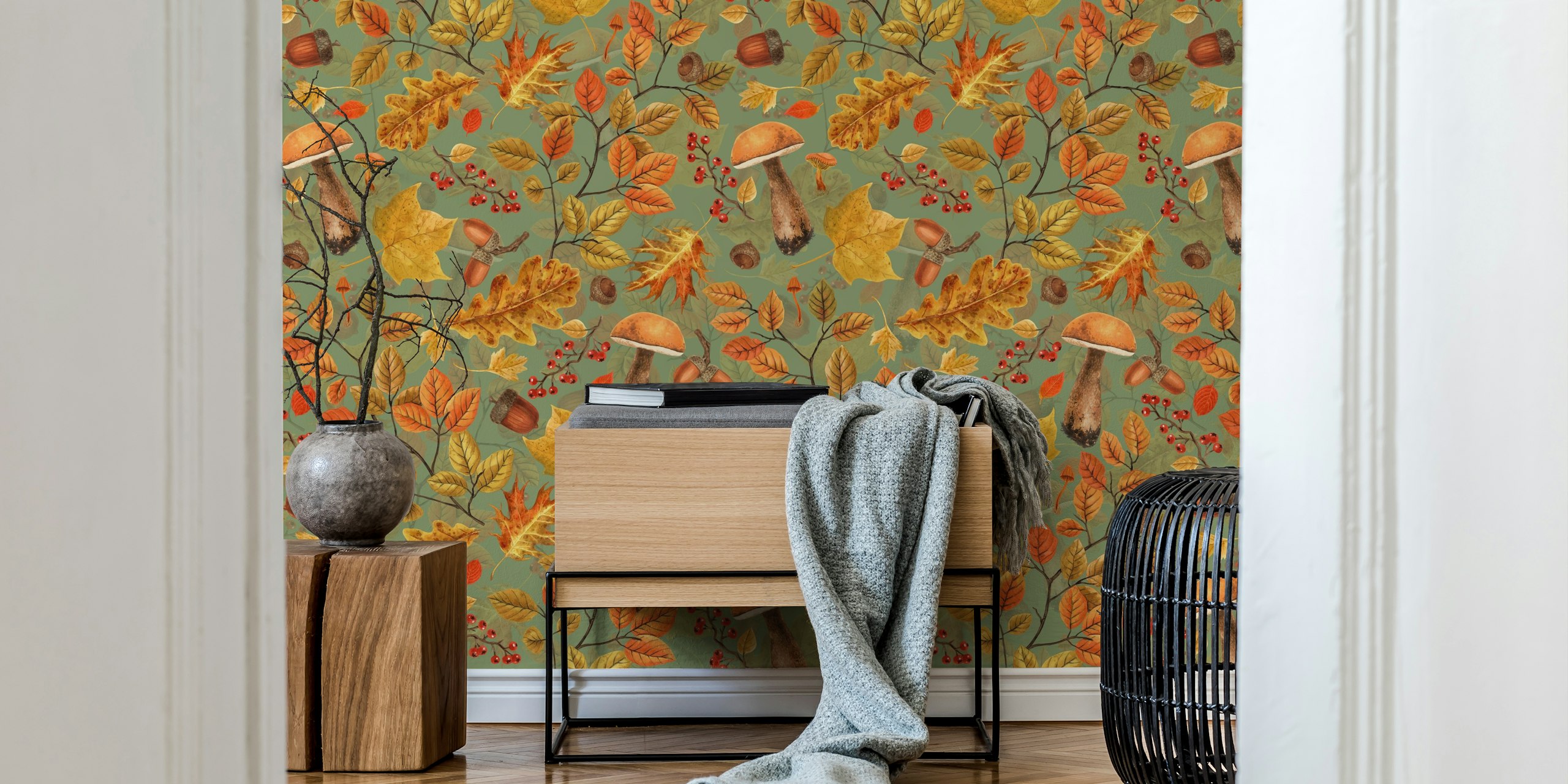 Autumnal forest wallpaper in a room
