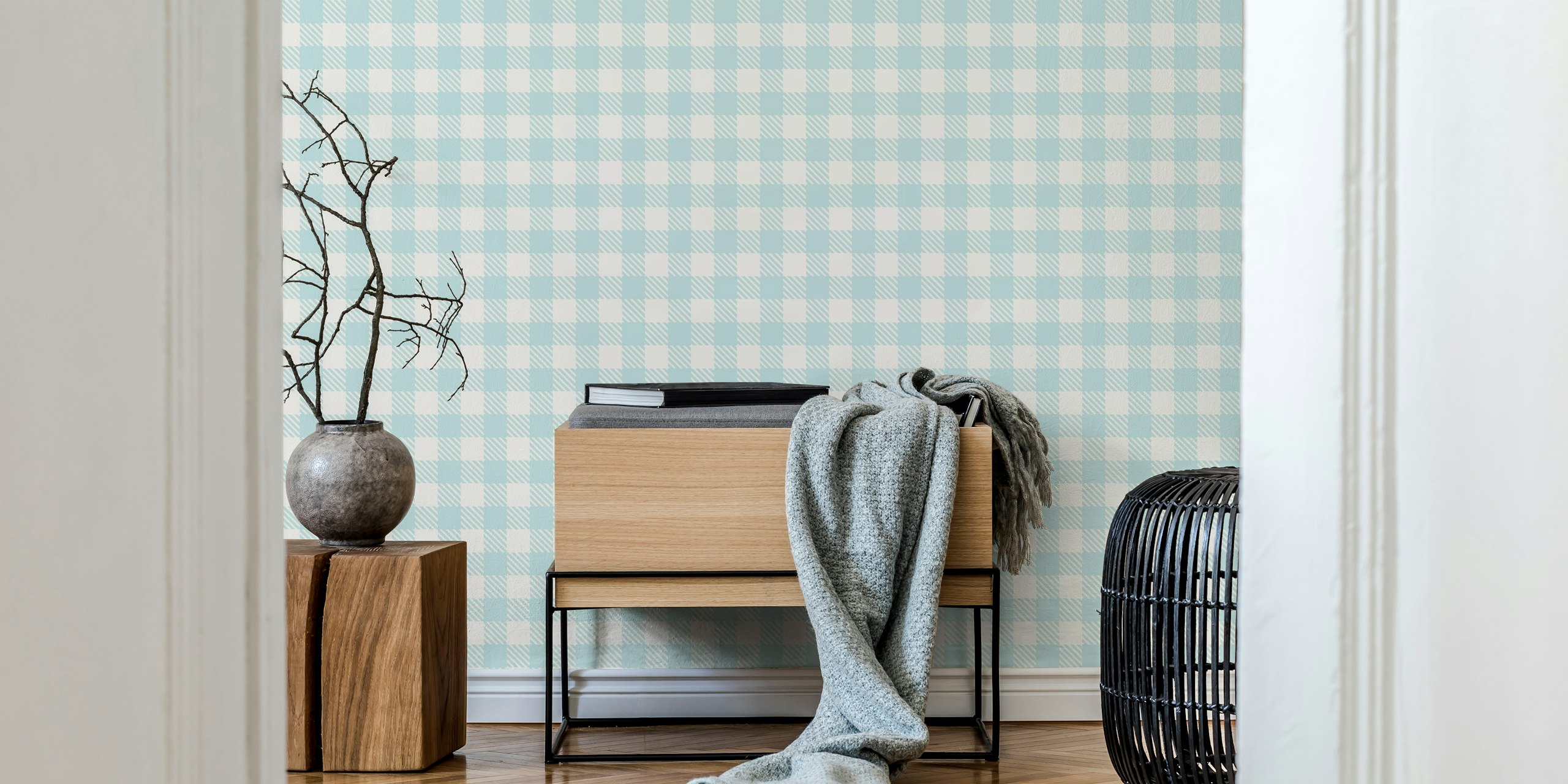 Blue gingham check pattern wallpaper with light tones