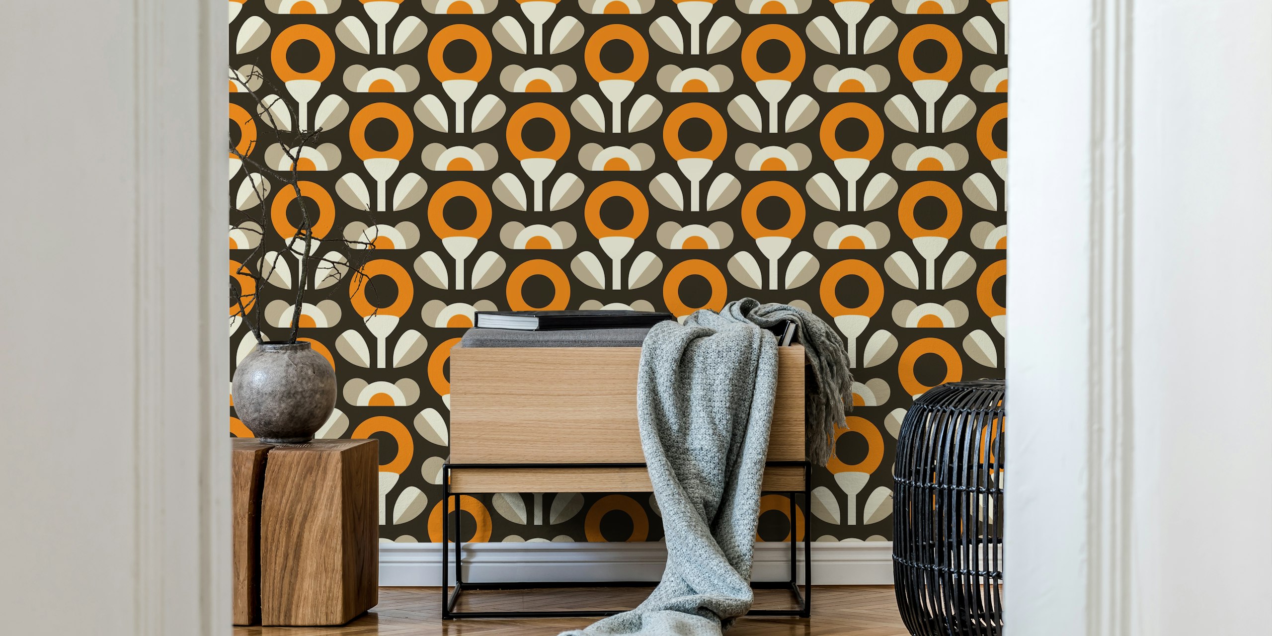 Retro circular floral pattern in brown, yellow, cream wallpaper