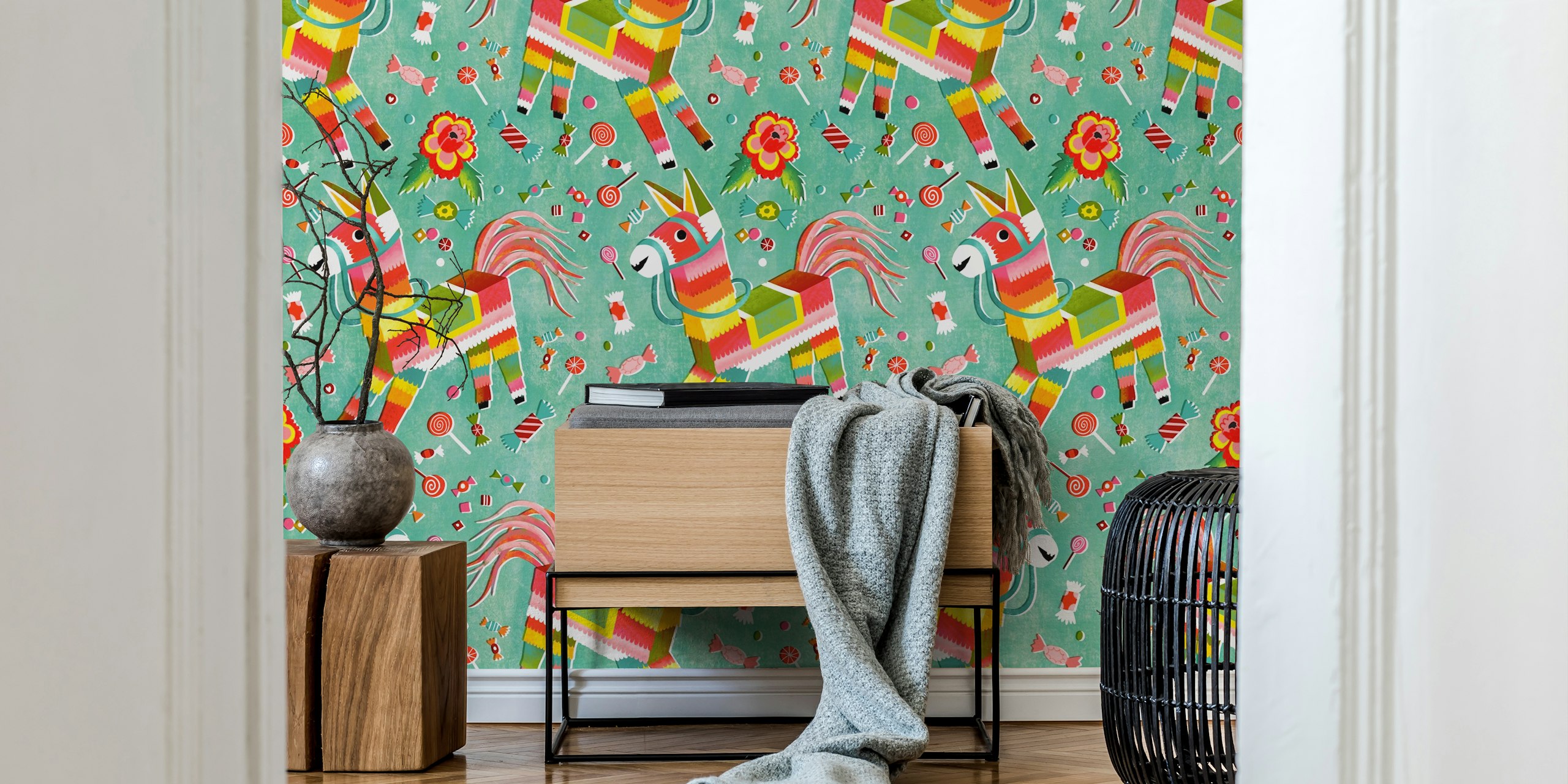 Colorful pinata horse sweets wallpaper in a room