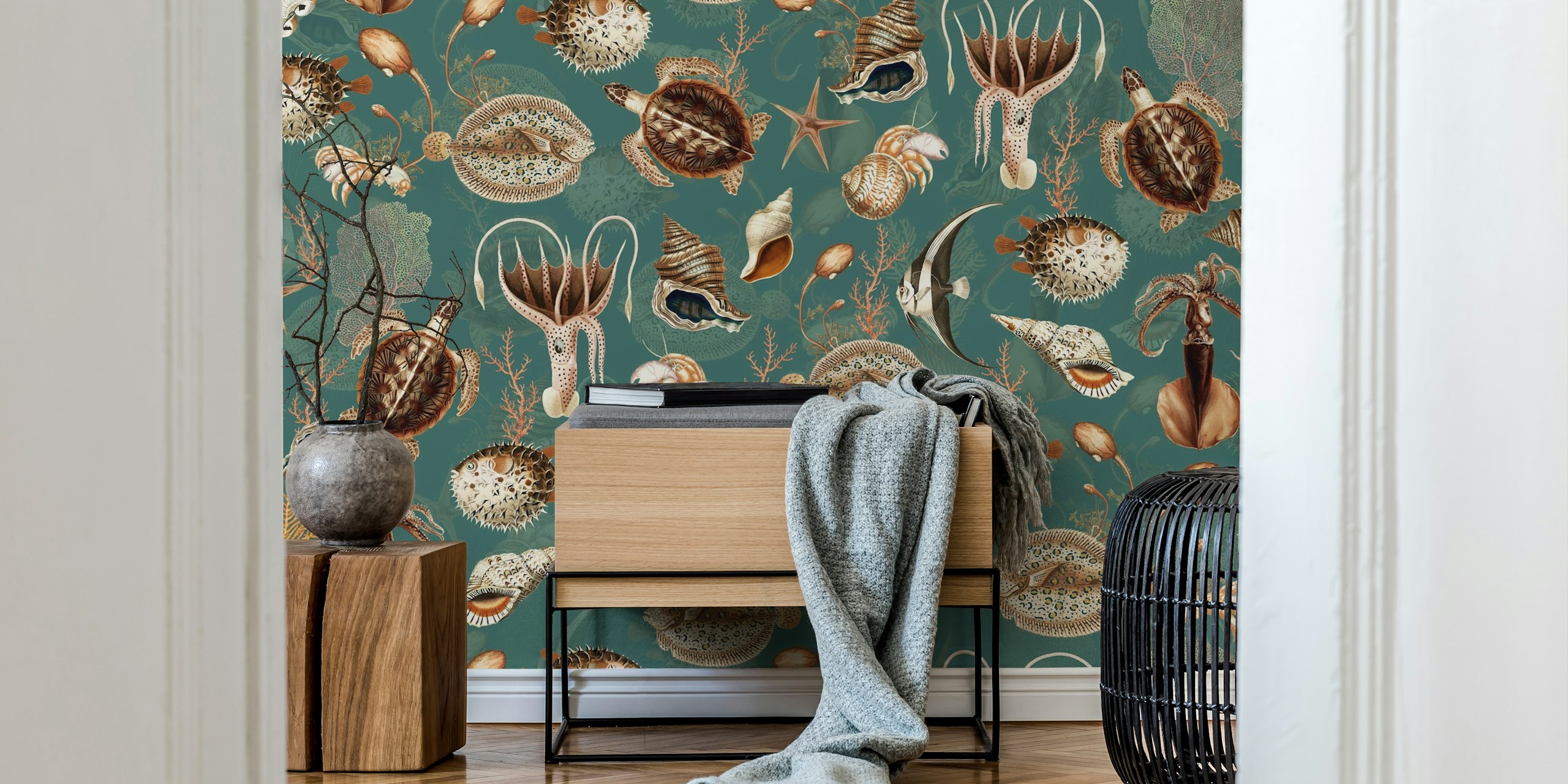 Marine life and seashells on turquoise background wallpaper