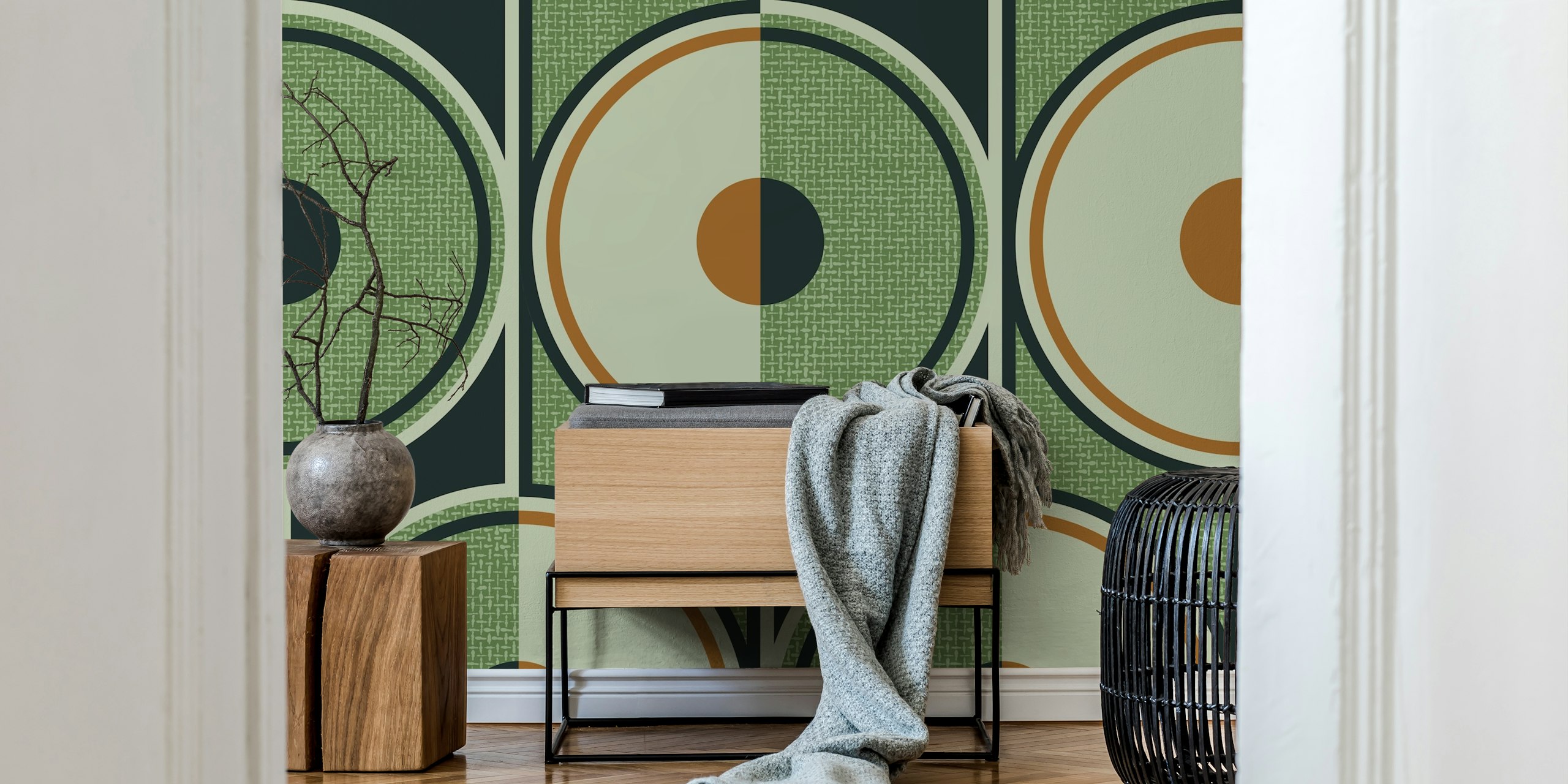 Papel de parede Retro Circles green em um quarto