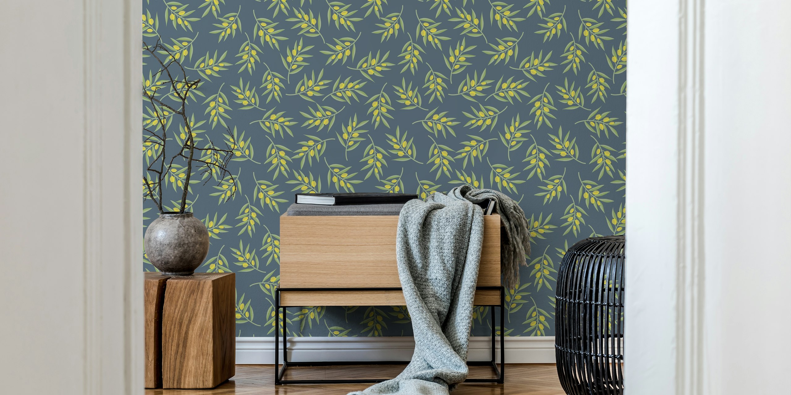 Scattered Green Olive Branches on Slate Blue behang in een kamer