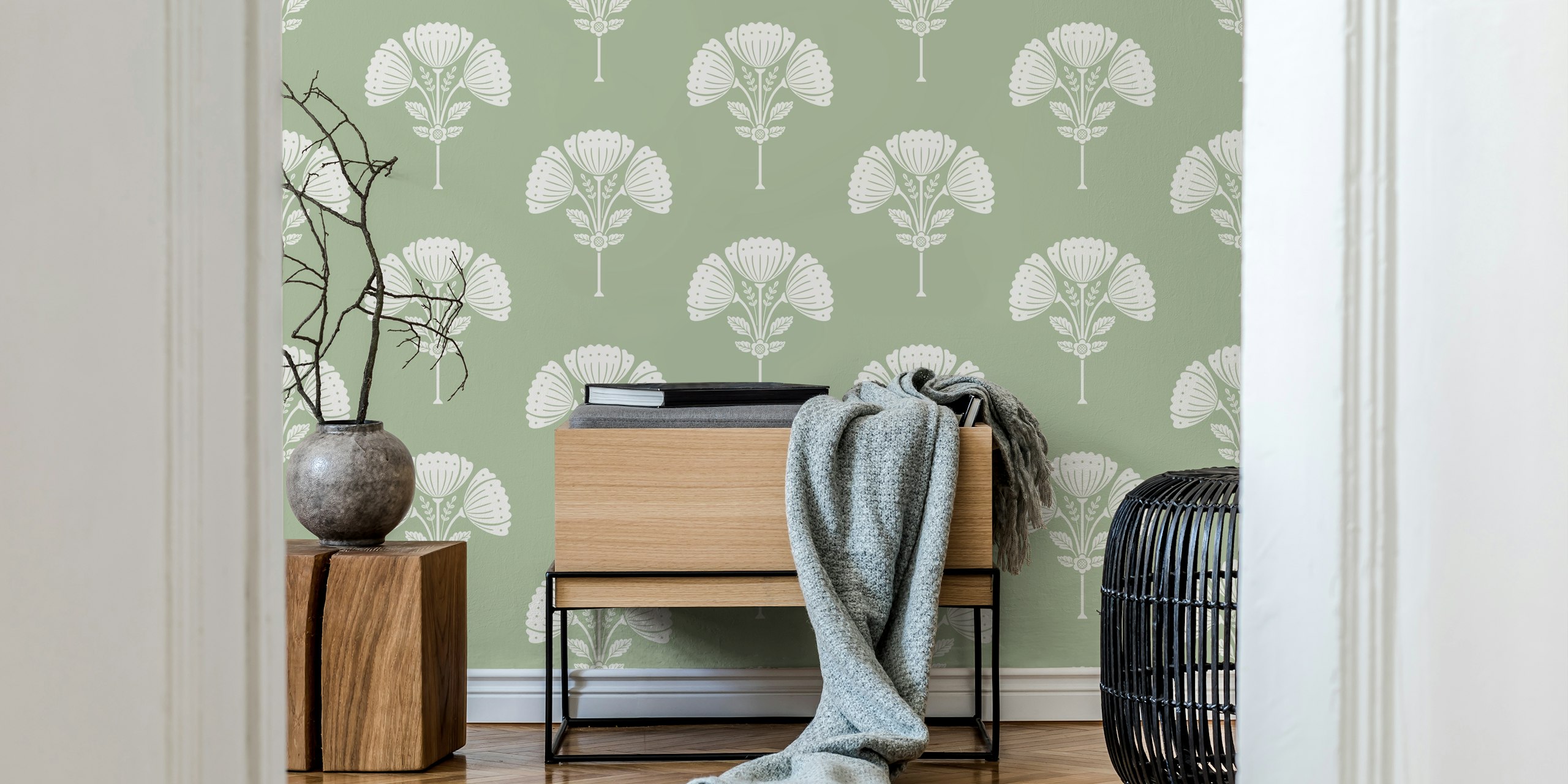 Block Print Bouquet wallpaper in a room