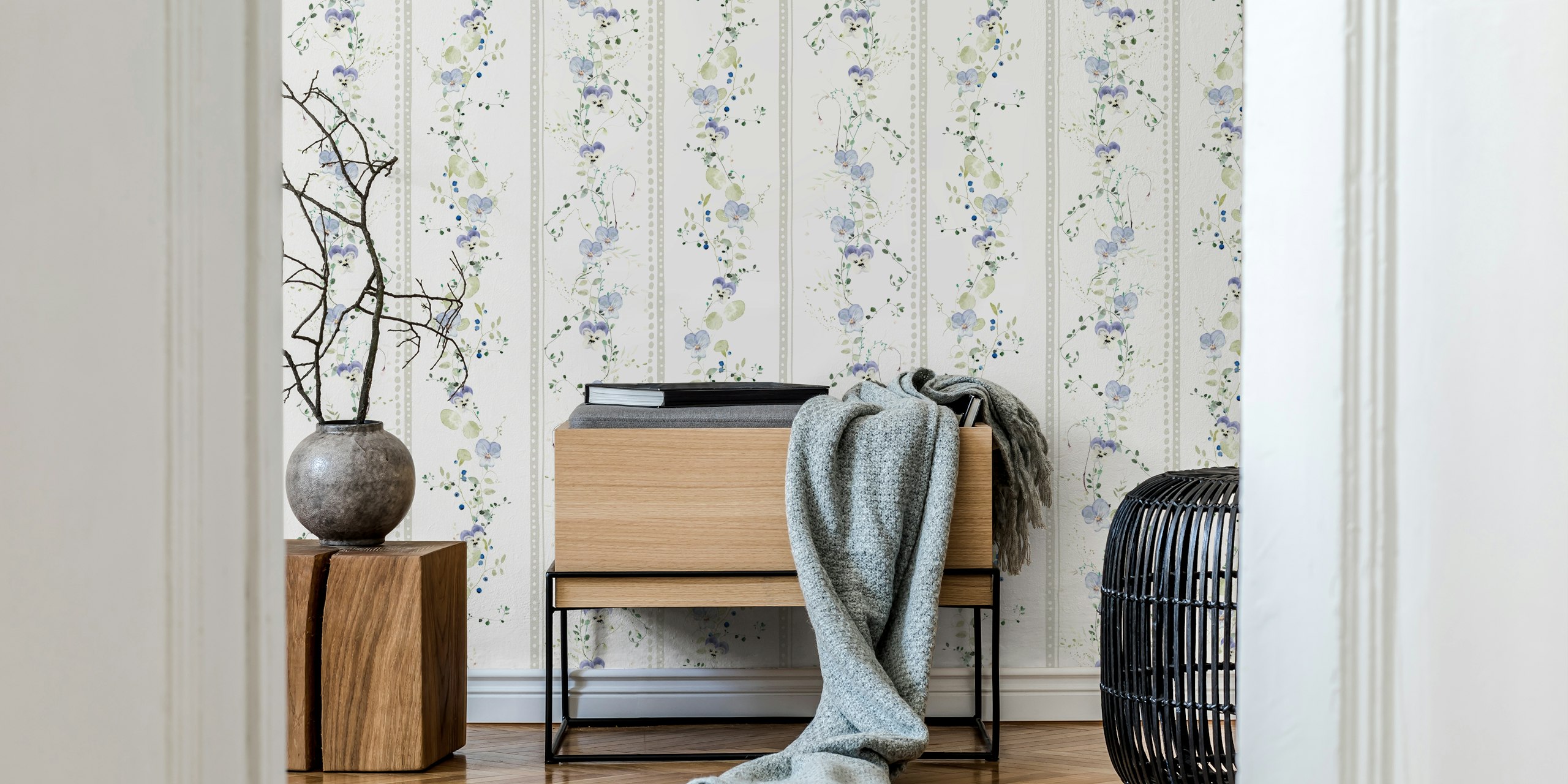 Floral pattern in gray and blue with delicate vines and leaves wallpaper