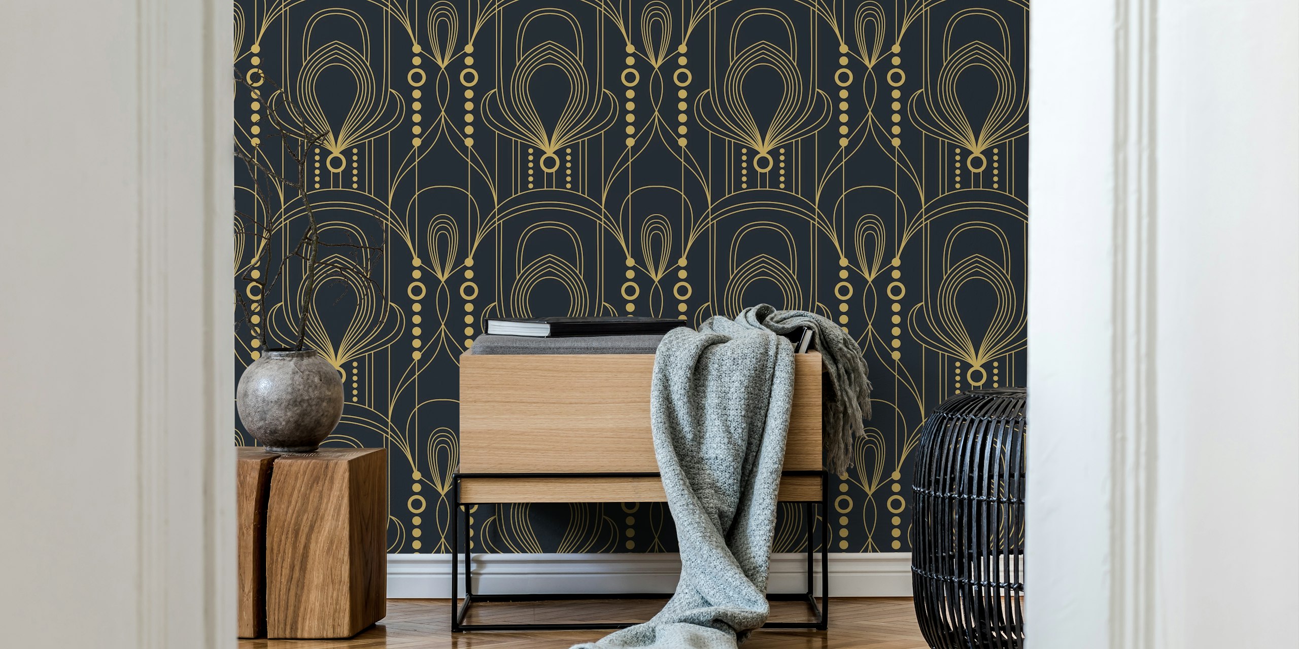 Art Deco Lines Black and Gold wallpaper in a room