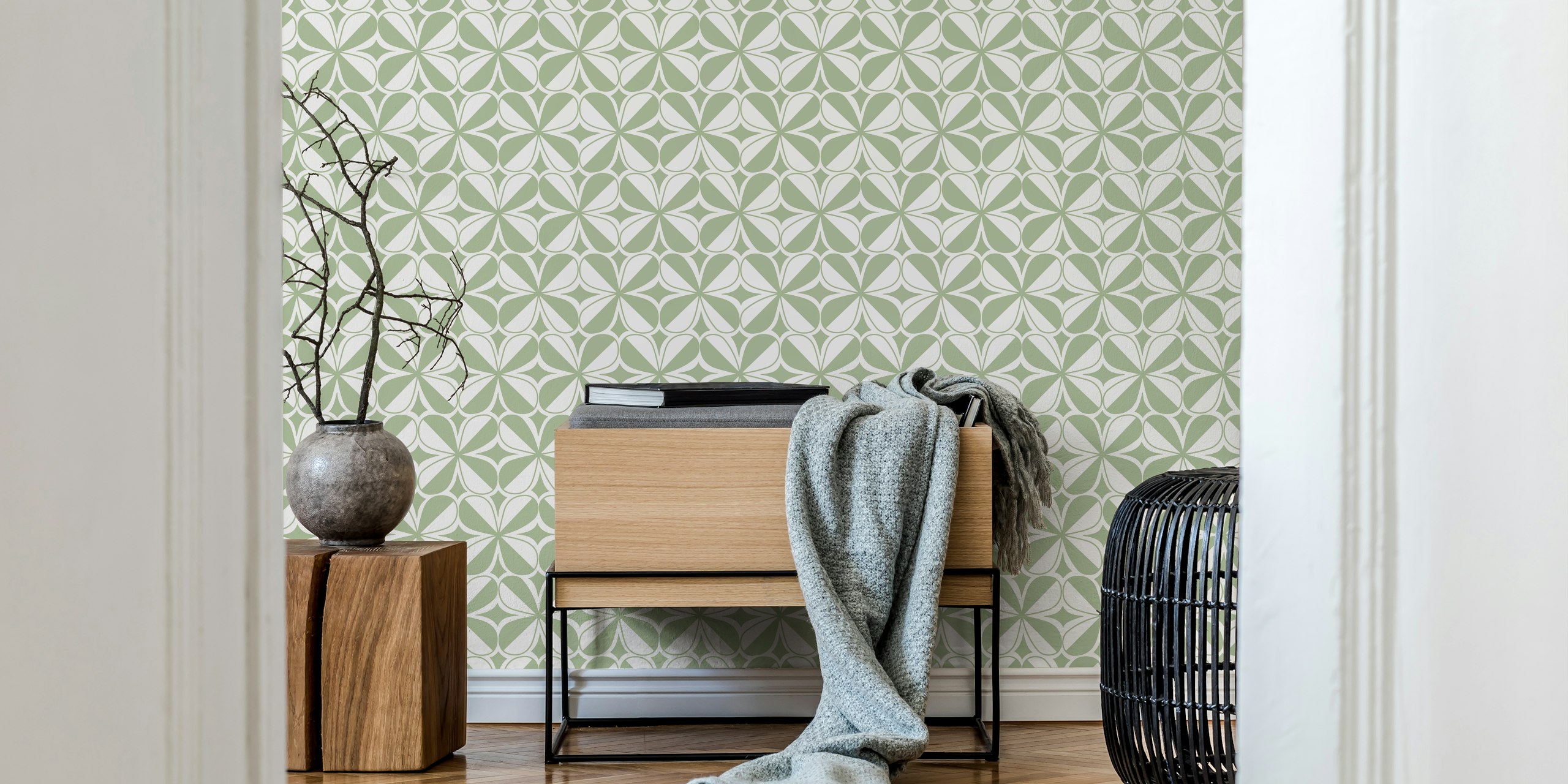 Mosaic Flower - Green wallpaper design in a room