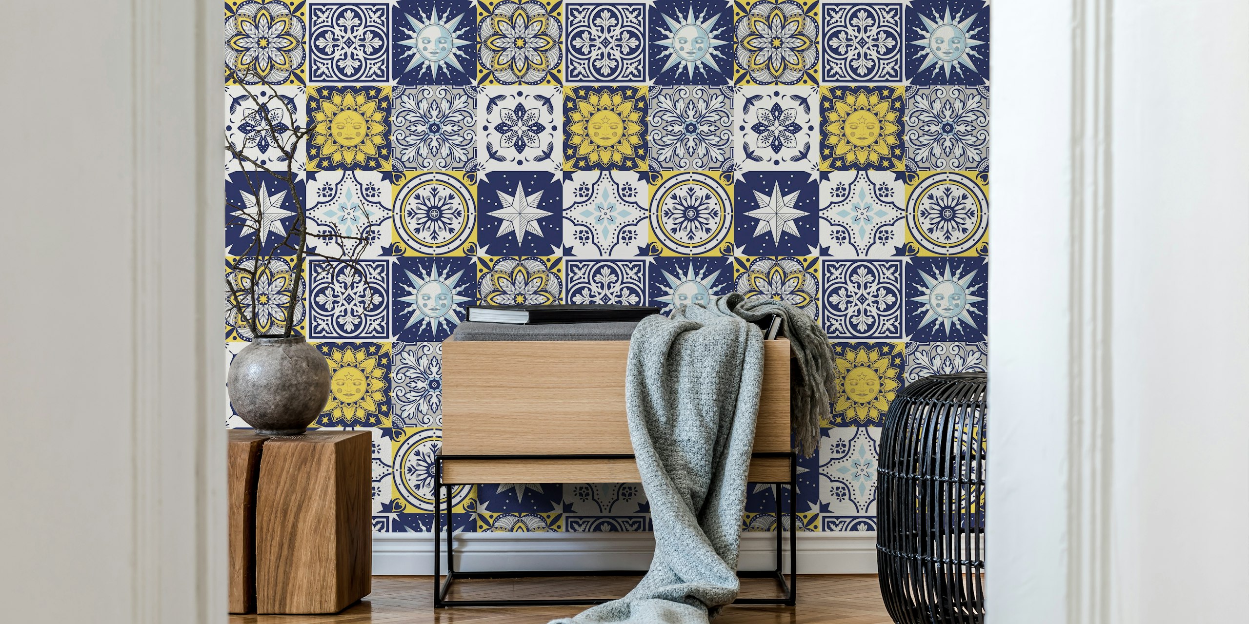 Celestial tile patterns in blue and yellow, decorative wallpaper