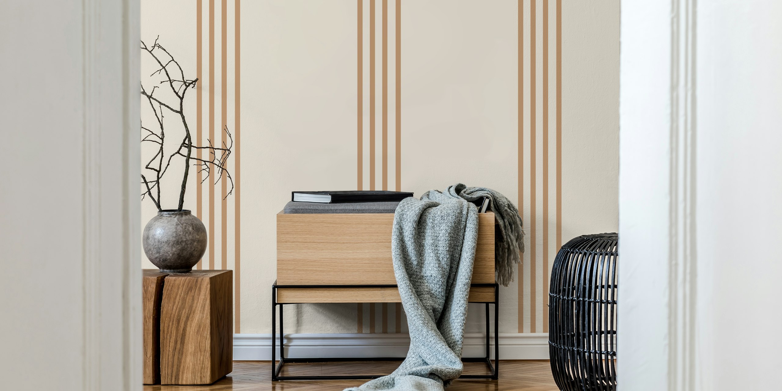 Sandy taupe stripes on off-white wallpaper