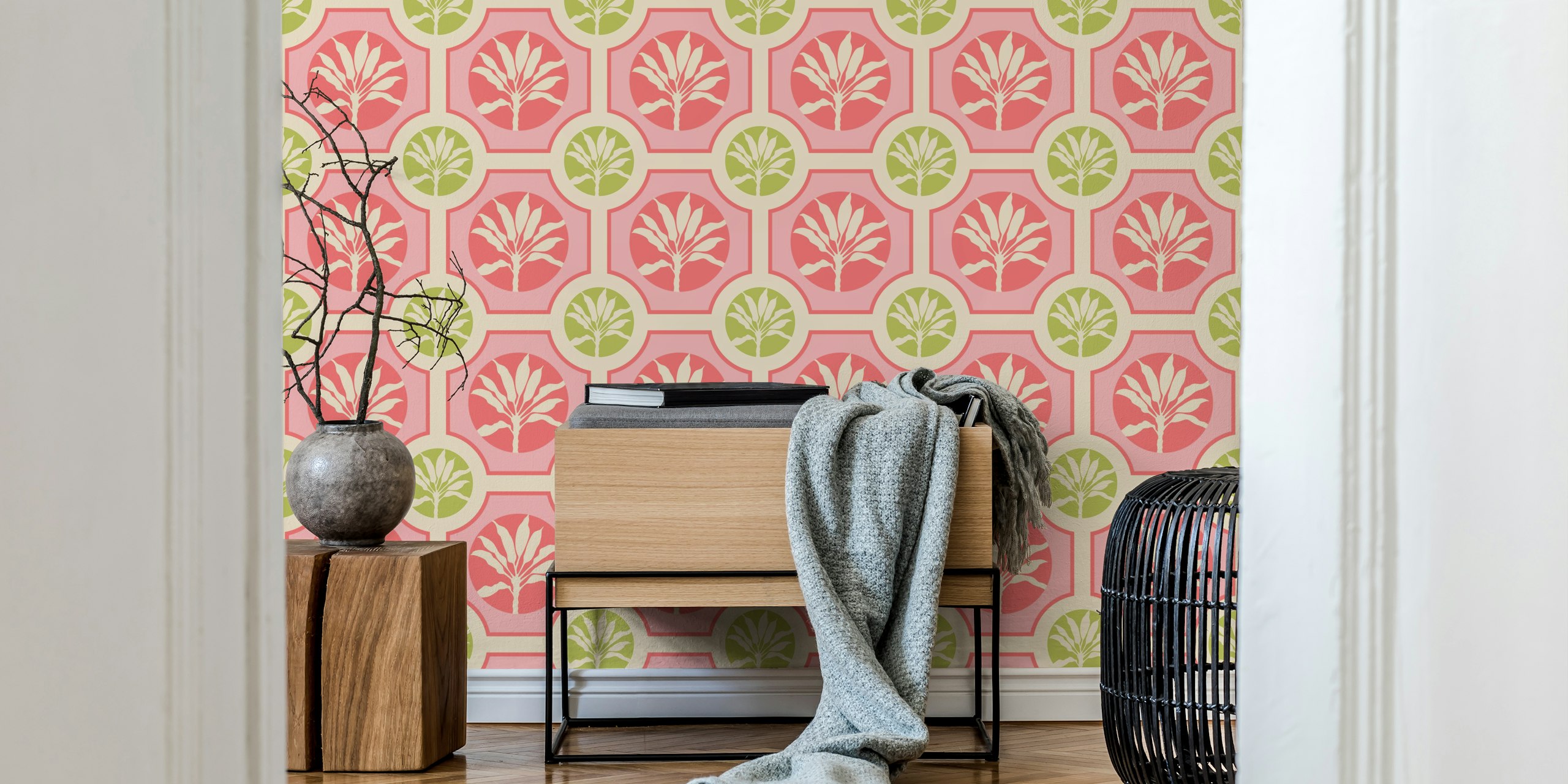 Tropical plant motifs in pink and green on beige wallpaper