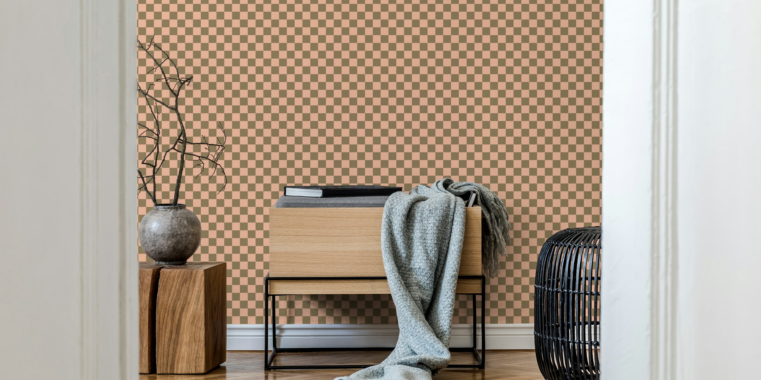 Classic check plaid wallpaper in pink and brown