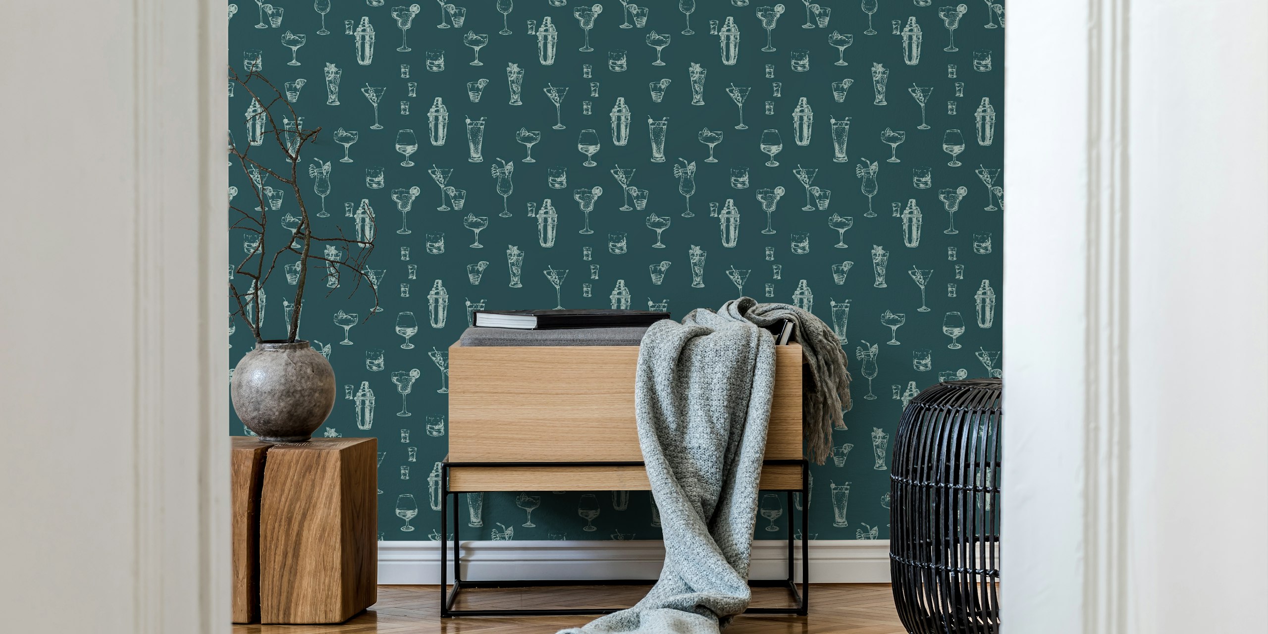 Cocktail glasses and drink shaker pattern on teal background wallpaper