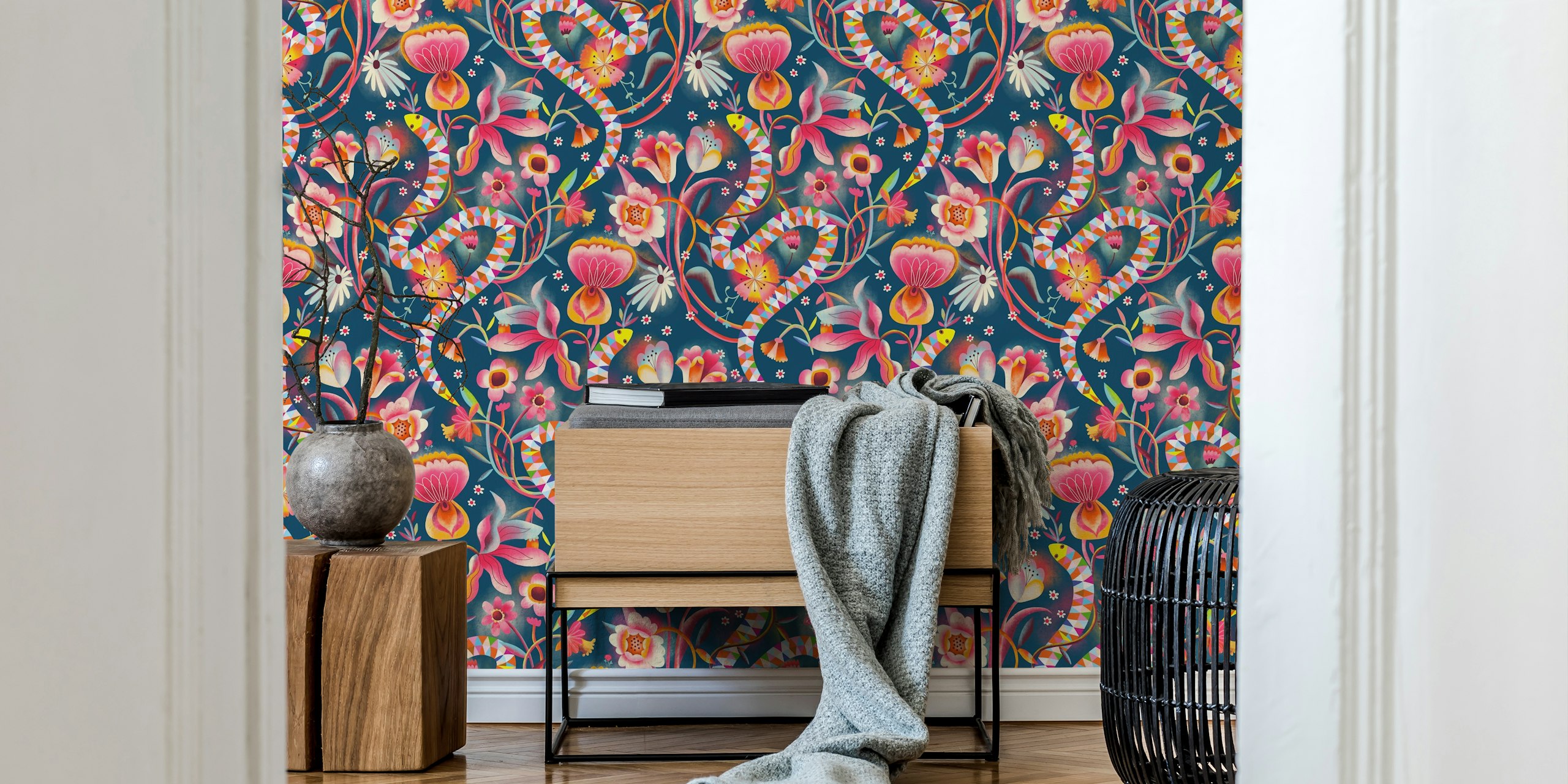 Colorful snakes and flowers on blue background wallpaper