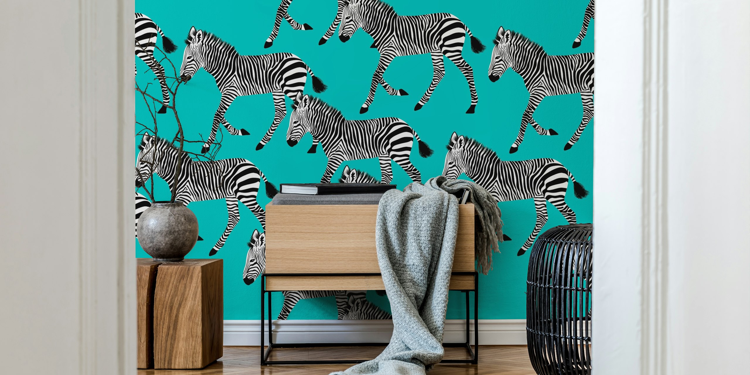 Zebra Walk 9 turquoise wallpaper in a room
