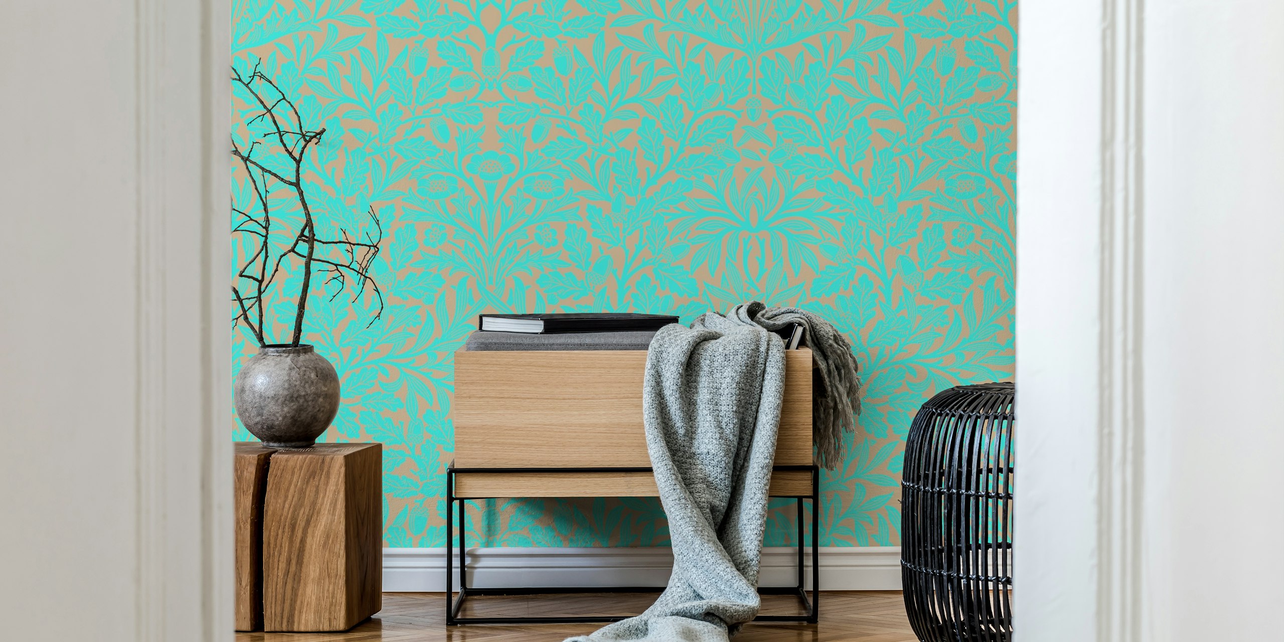 Victorian Acorn pattern wallpaper in turquoise and grey