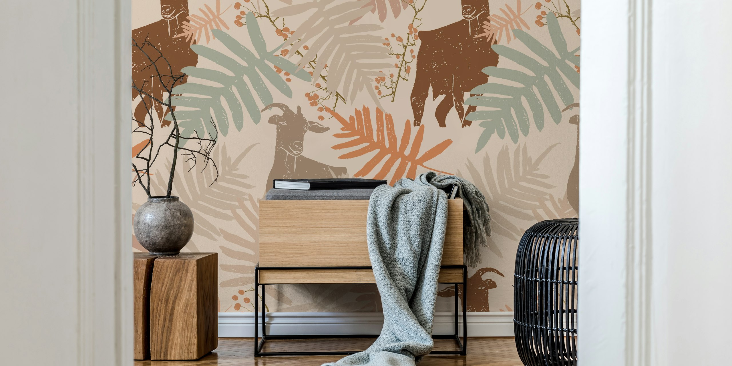 Vintage Goat en foliage behangontwerp