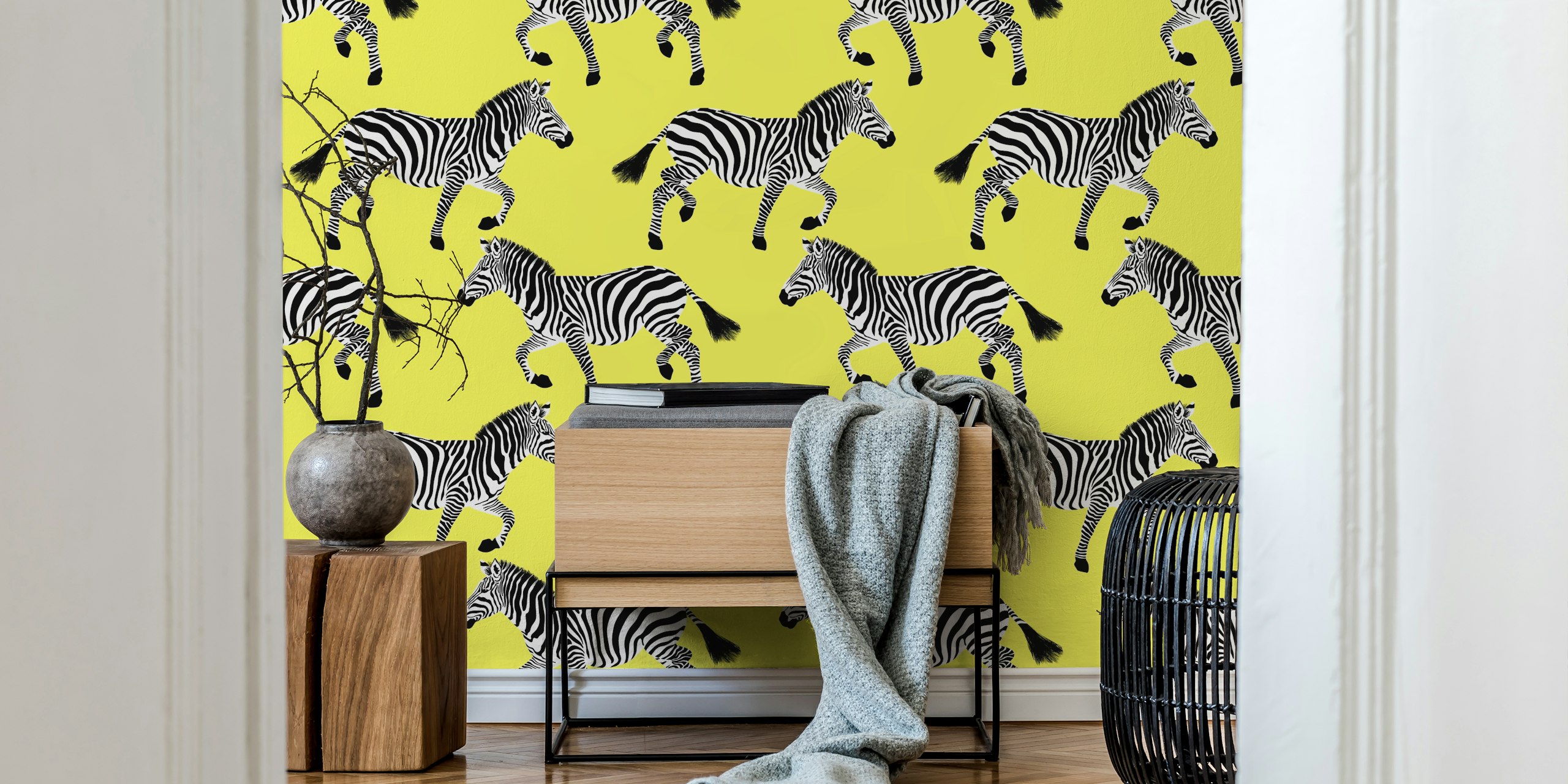 Yellow zebra wallpaper in a room