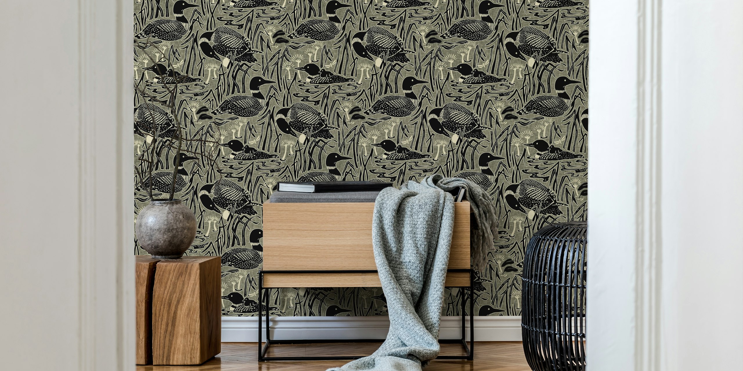 Loon birds in water surrounded by grass, black and white wallpaper