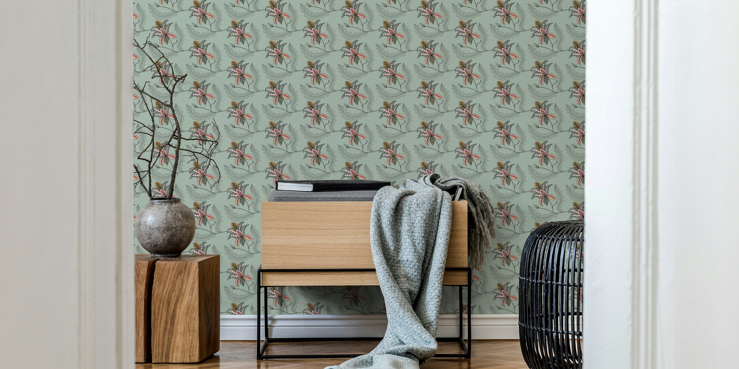 Jacobean flowers wallpaper in a room