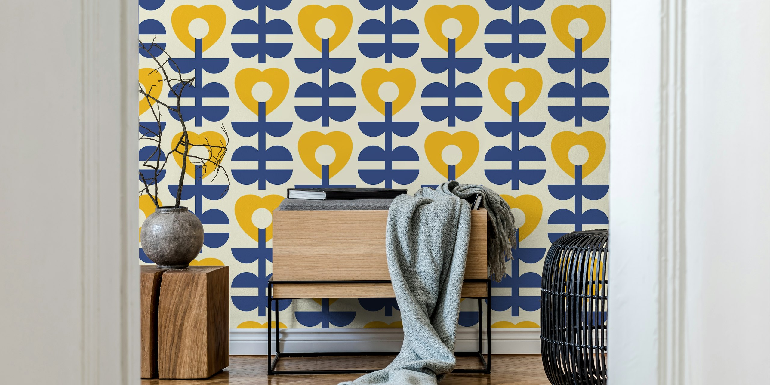 Nordic Hearts Flowers Yellow Blue ταπετσαρία σε ένα δωμάτιο