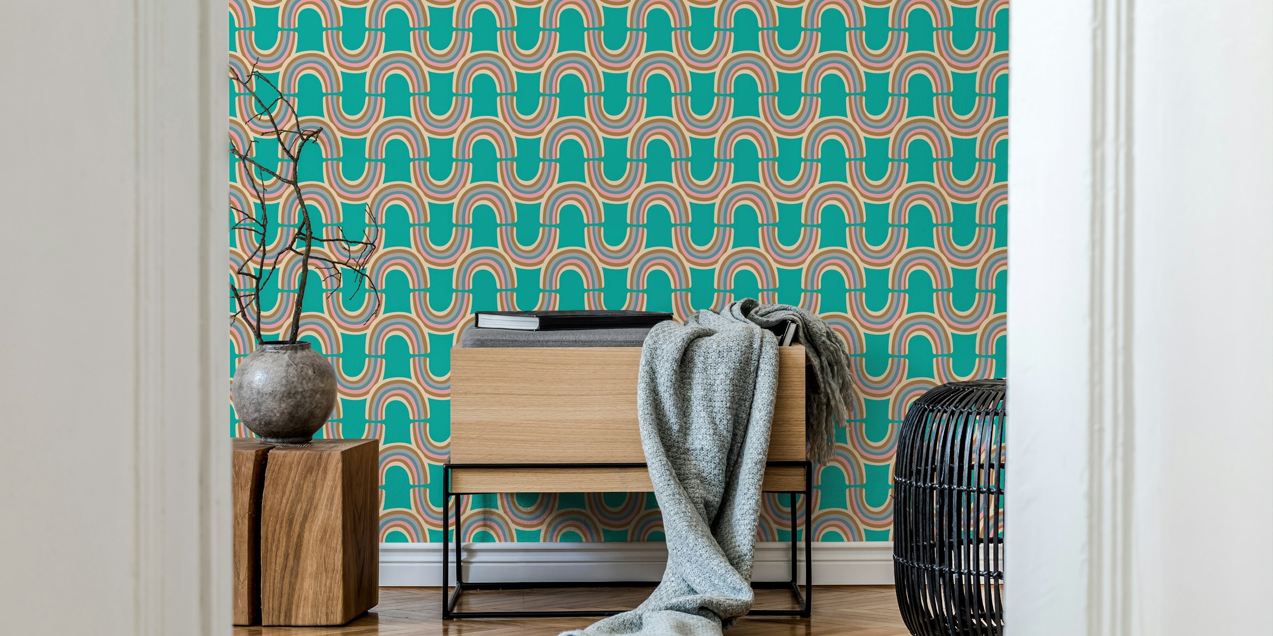 Wavy stripes in turquoise with rainbow arches wallpaper