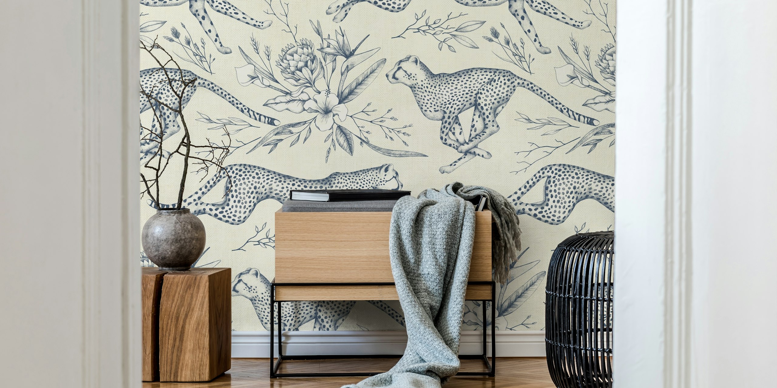 Safari Cheetah Toile wallpaper in a room