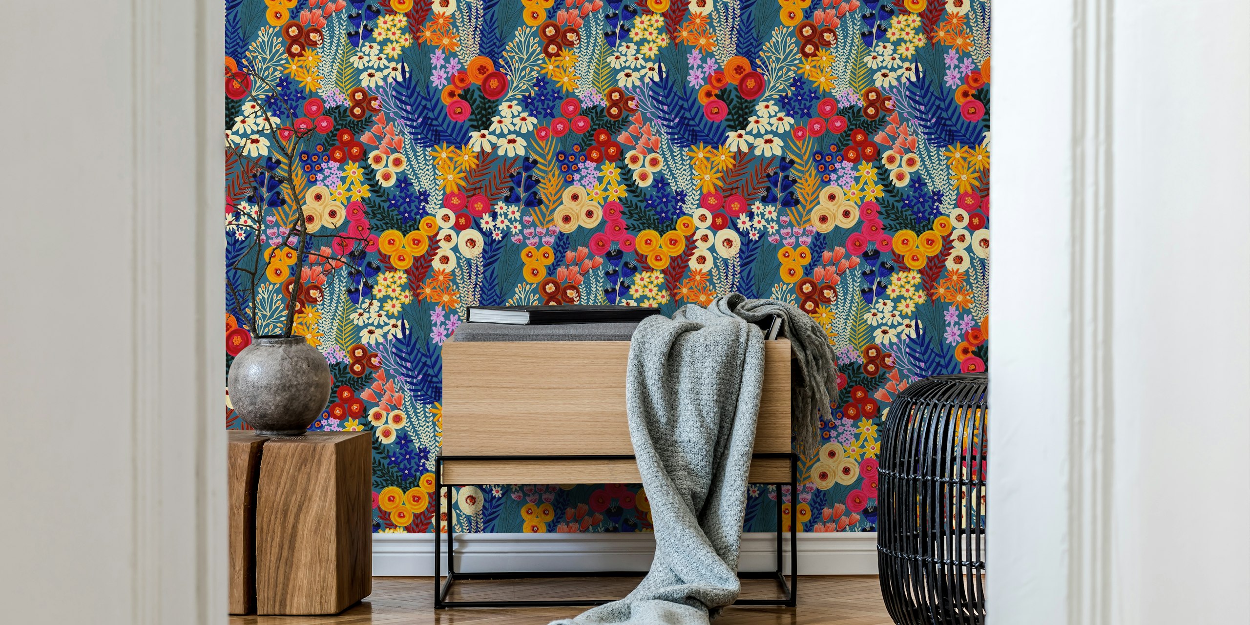 Colorful floral patterns in vibrant hues of red, pink, yellow, and blue wallpaper