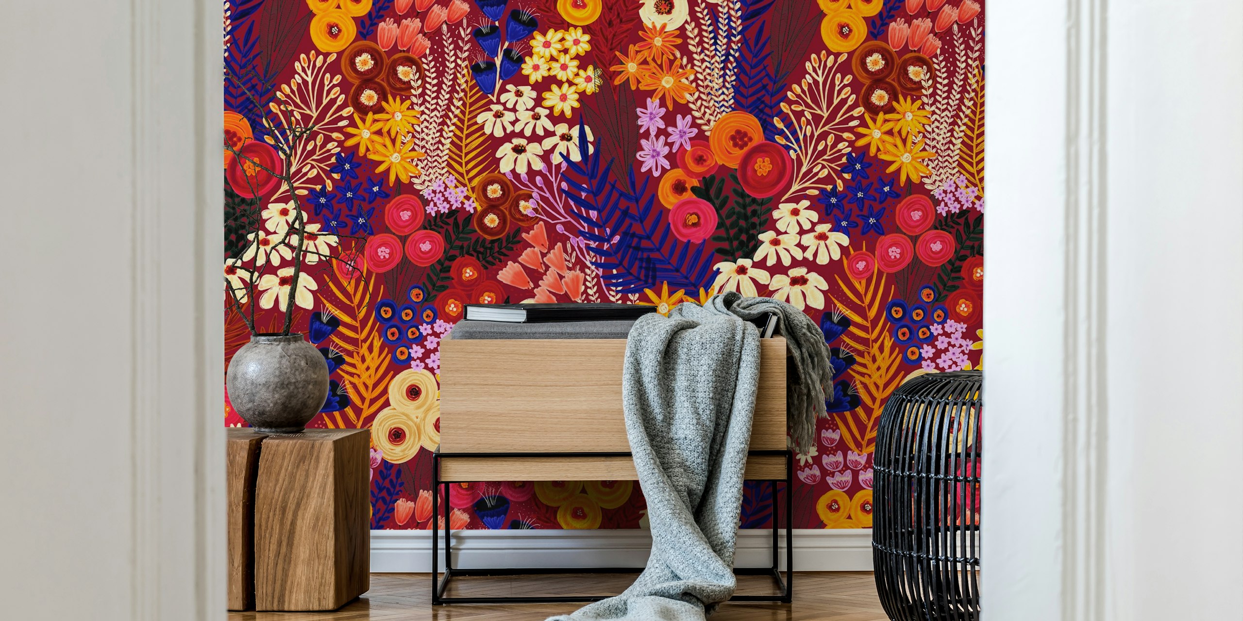 Colorful floral patterns with reds, yellows, and greens wallpaper