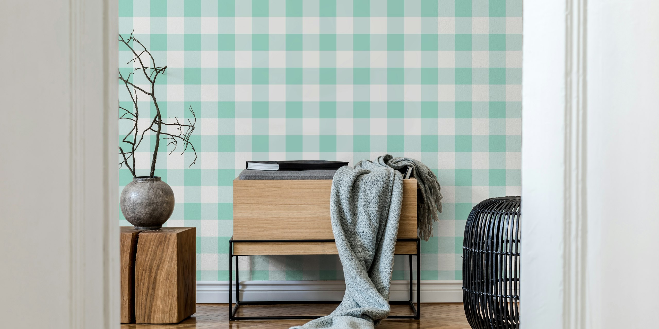 Mint gingham pattern in soft green and white wallpaper