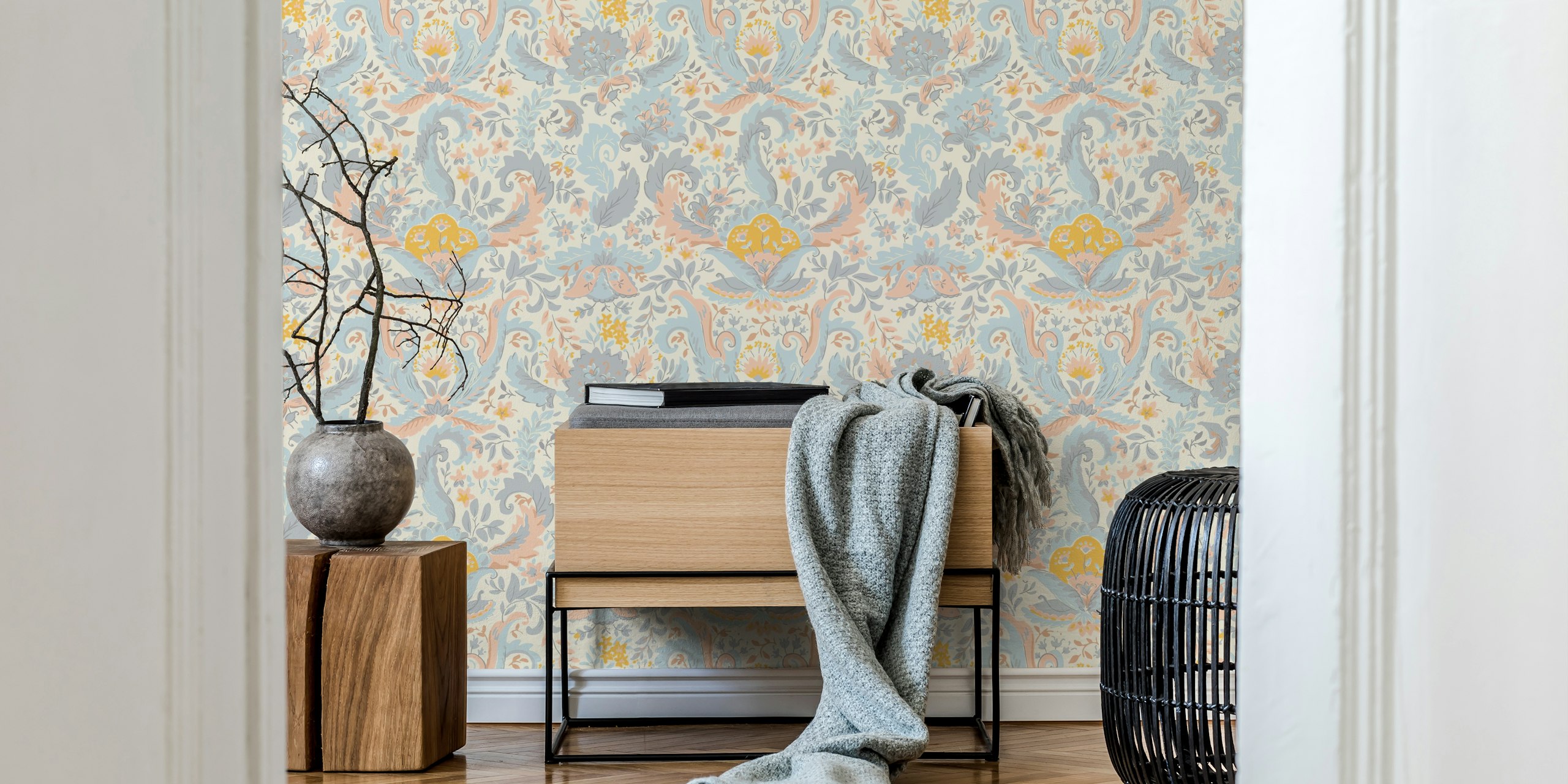 Bohemian indian foliage serene beige papel de parede no quarto