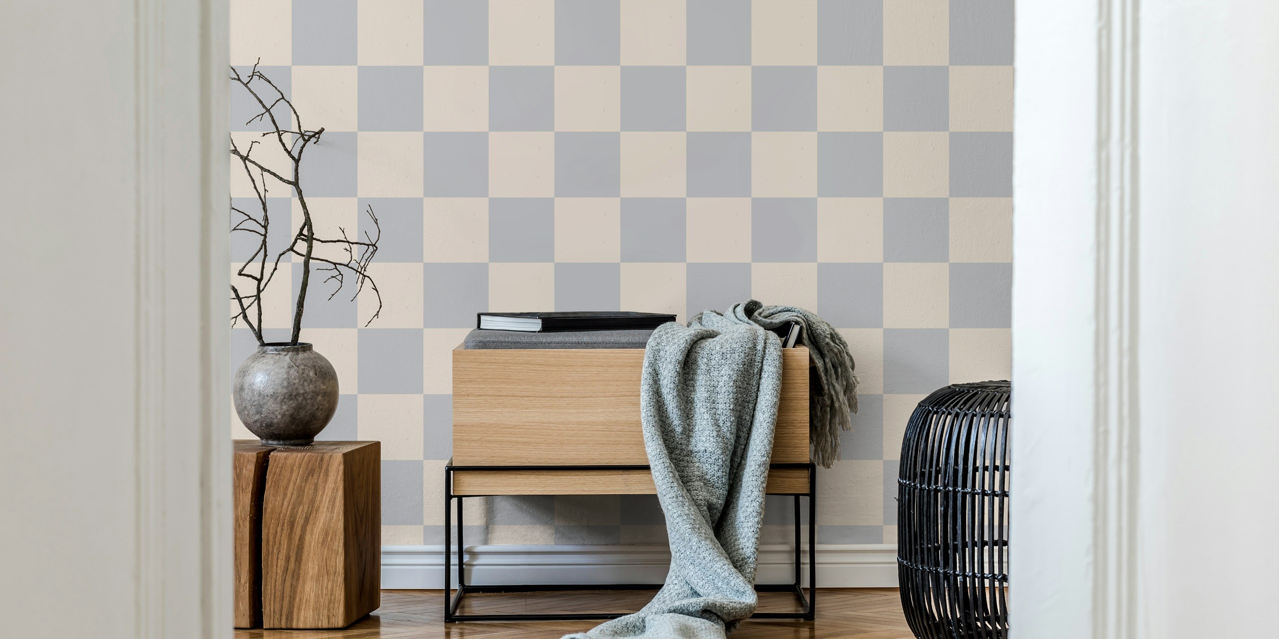 Checkerboard pattern in coastal blue and light beige wallpaper