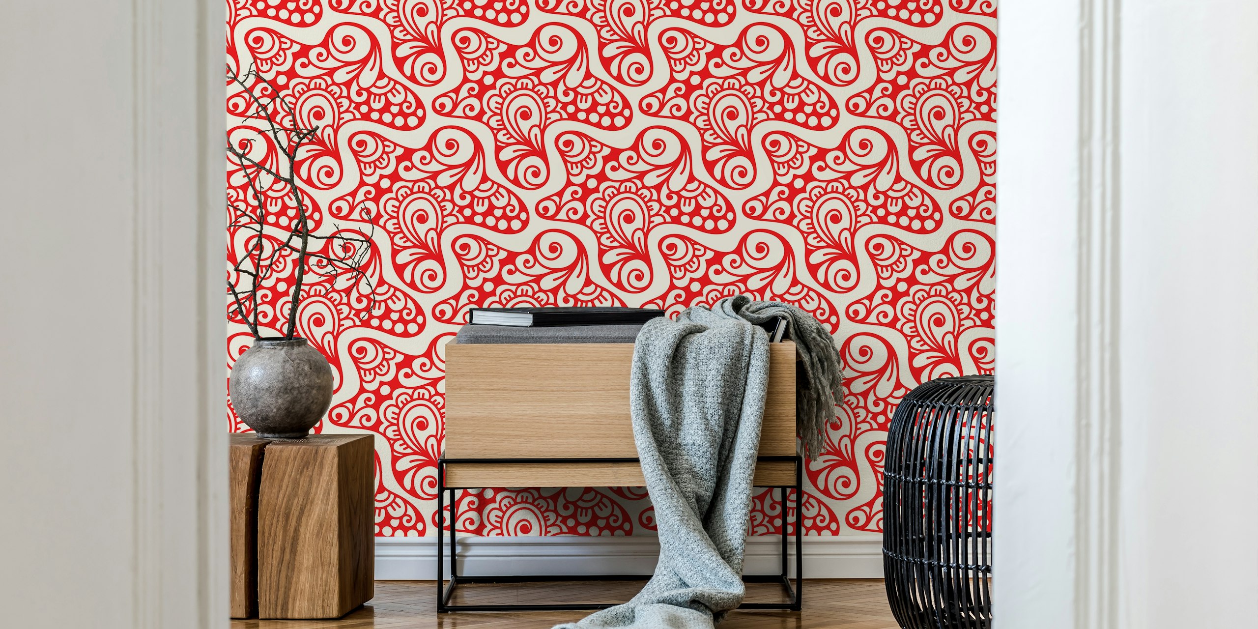 Bohemian Floral Swirls Red tapet i ett rum