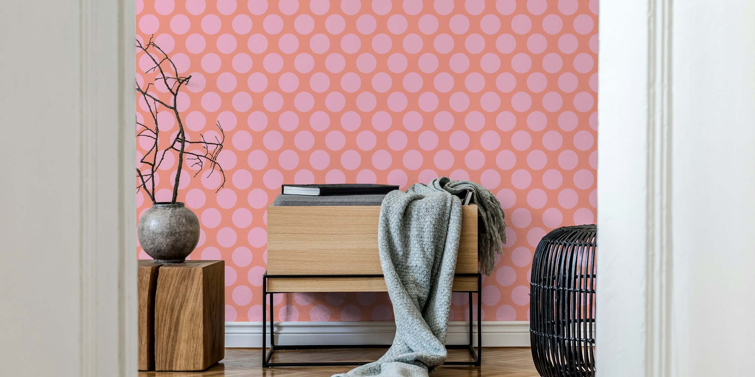 Pastel pink and red polka dot wallpaper