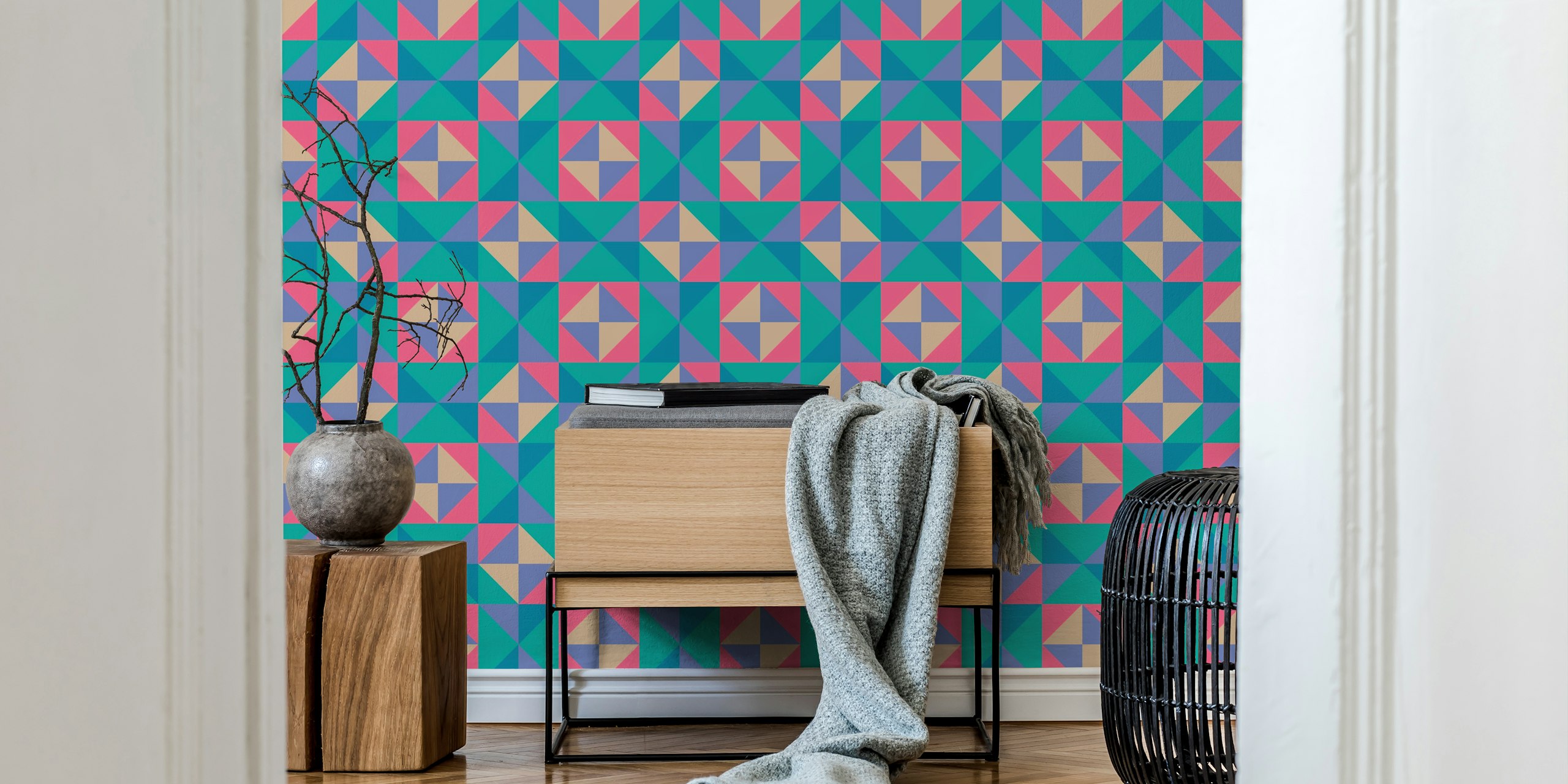 Geometric pattern in turquoise, pink, and beige colors wallpaper