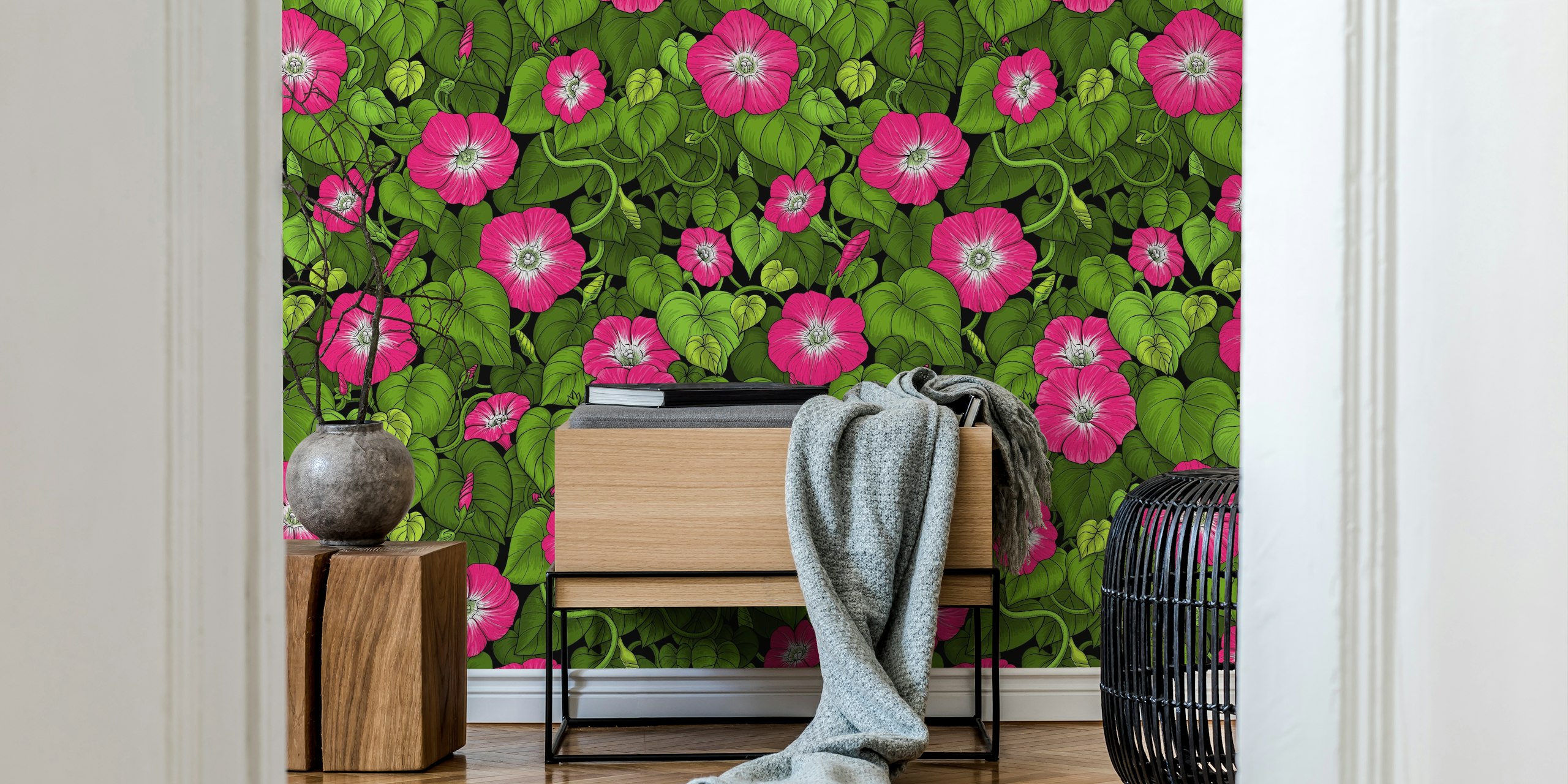 Morning glory in pink and green tapetti huoneessa
