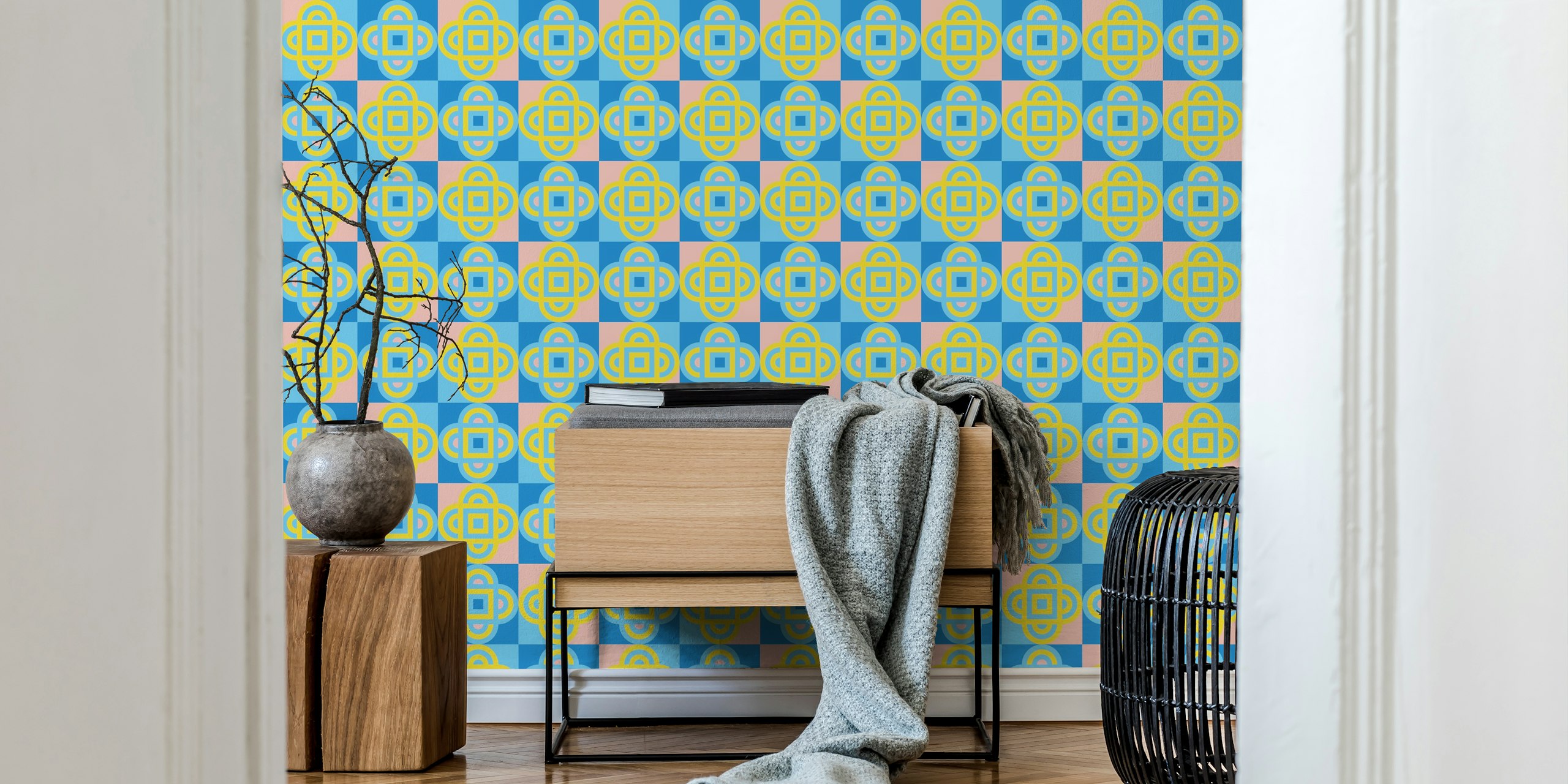 Colorful quatrefoil geometric pattern in pink, blue, and yellow wallpaper