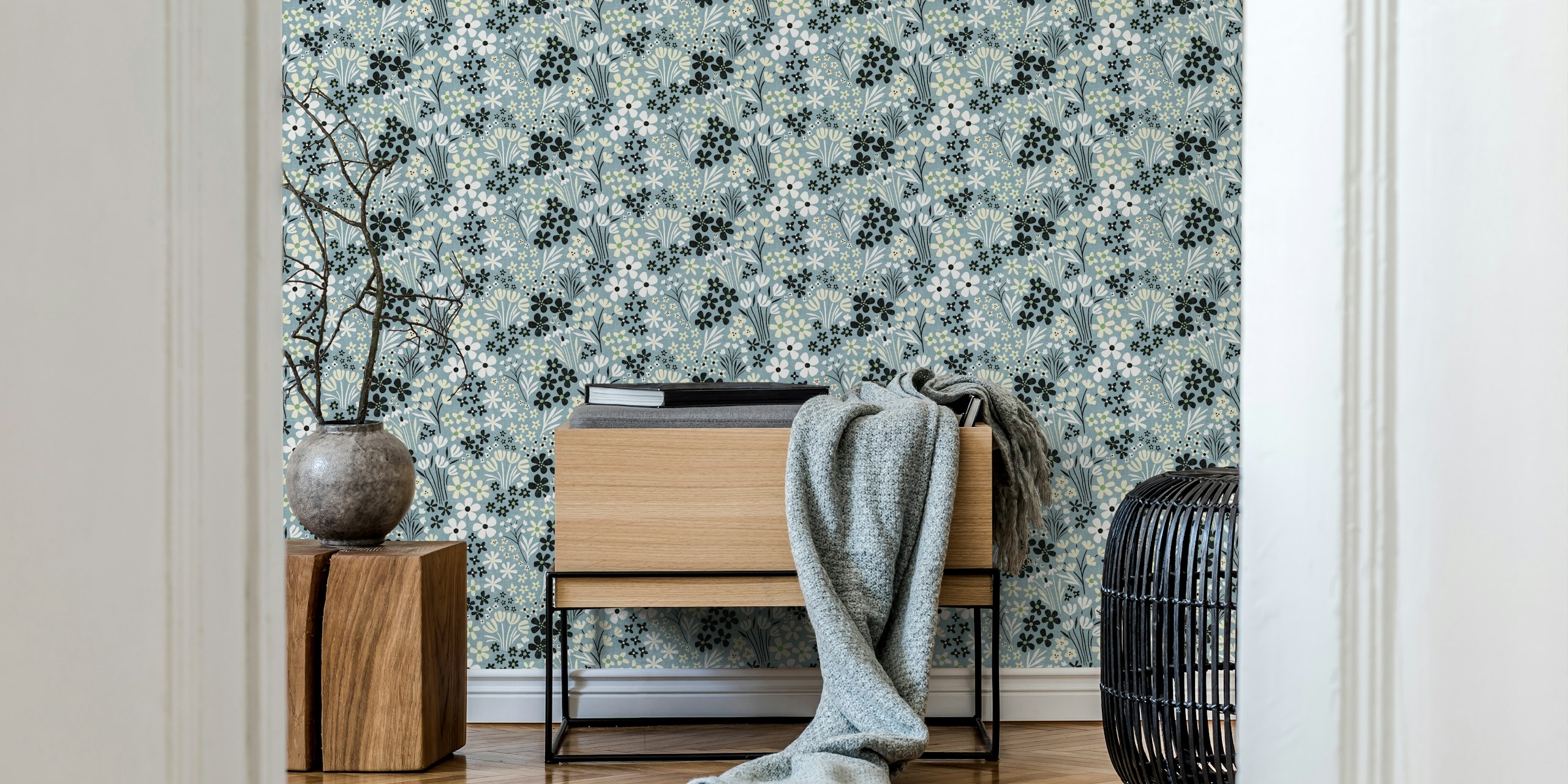 Tobias blue floral wallpaper in a room