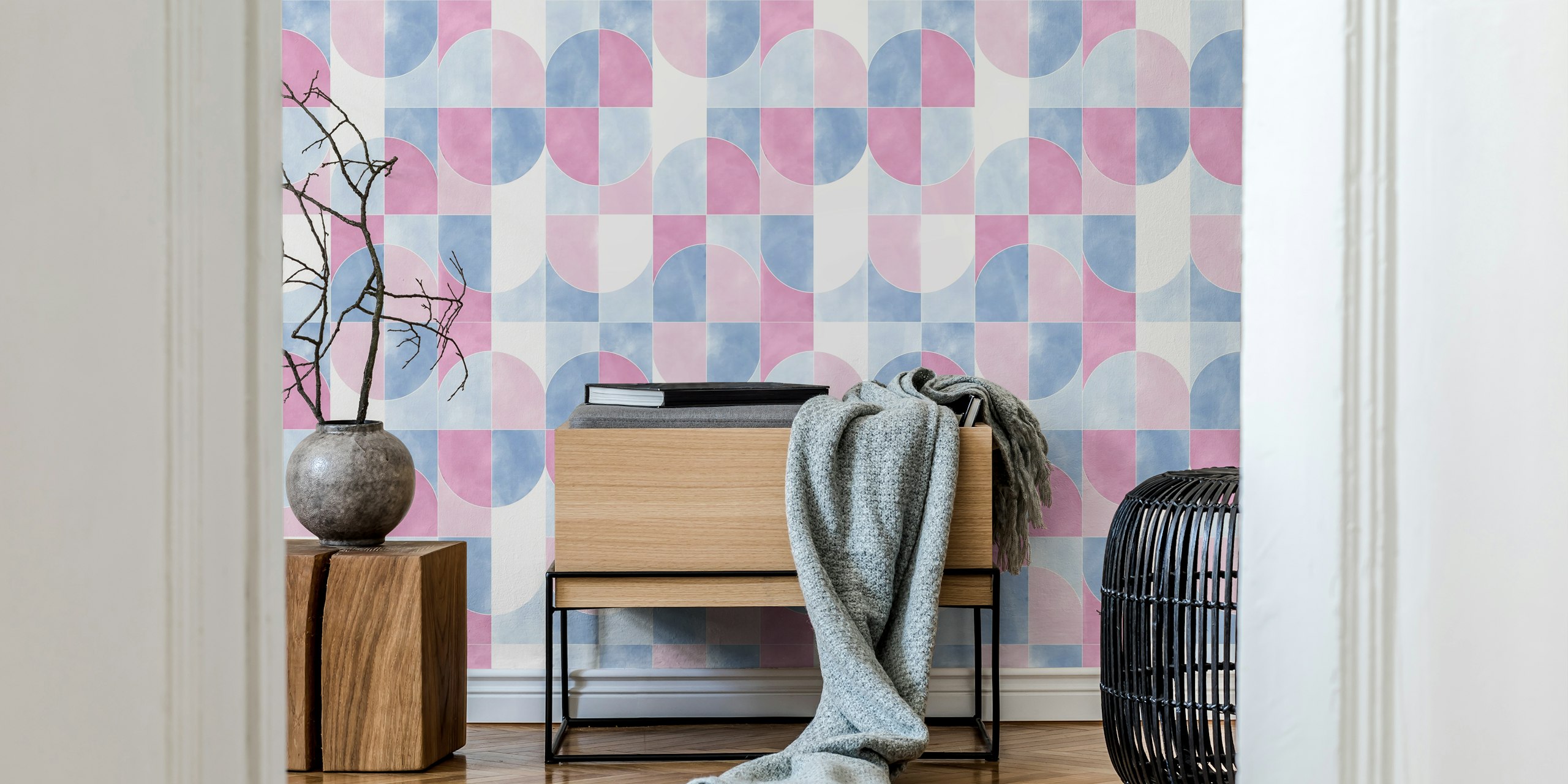 Soft pastel pink and blue geometric shapes wallpaper