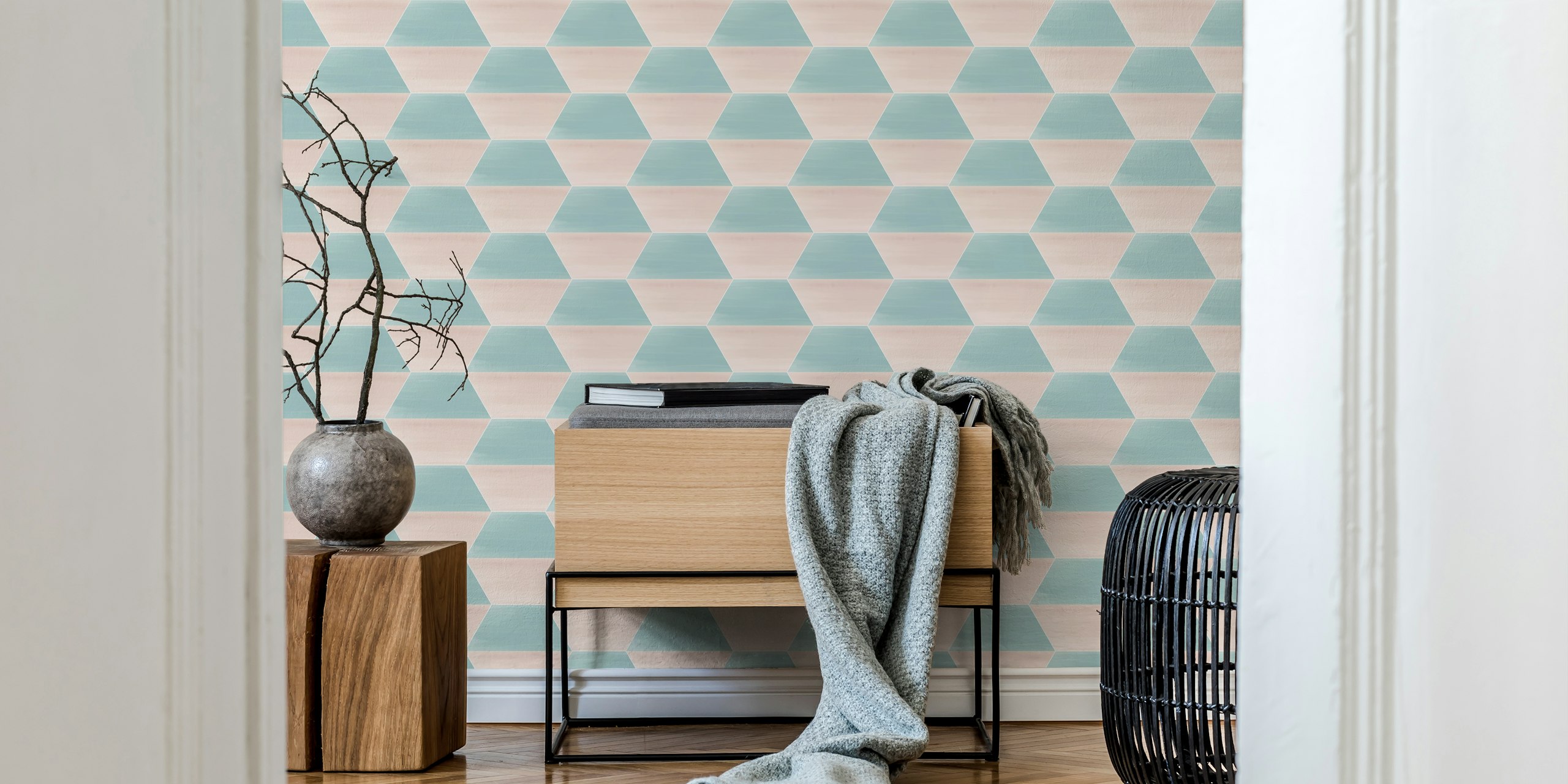 Hexagon geometric pattern in pastel blue and pink wallpaper