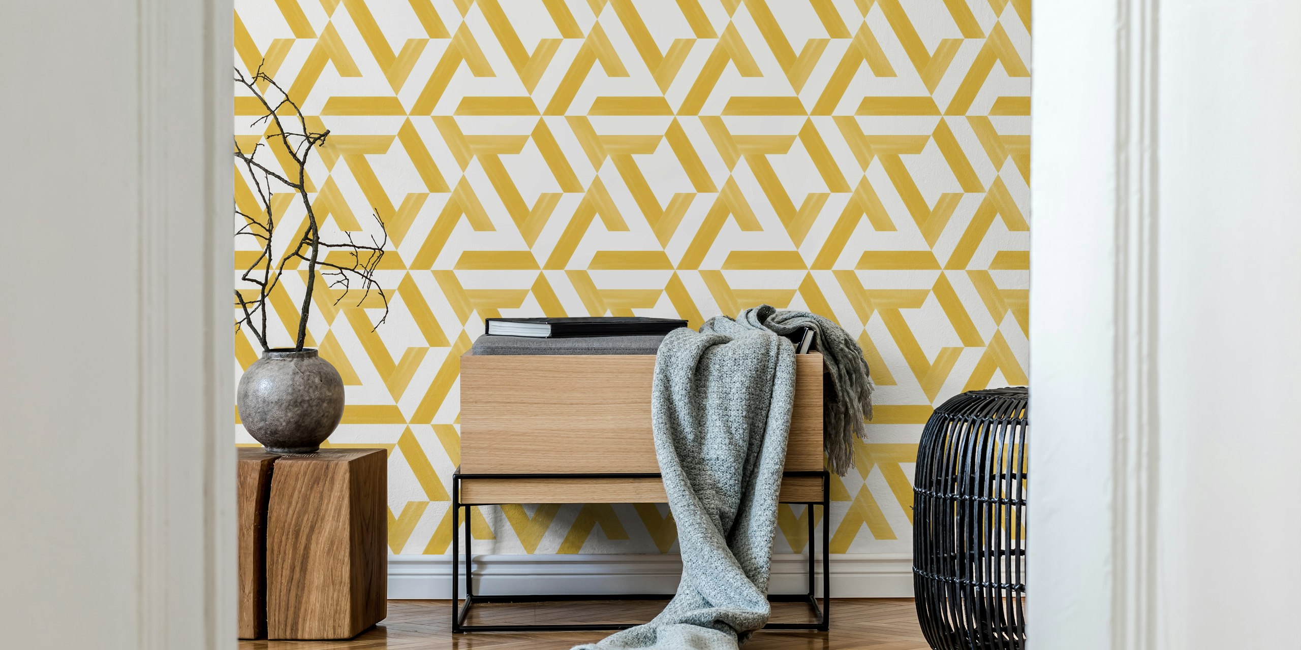Geometric yellow tile pattern wallpaper with white shapes