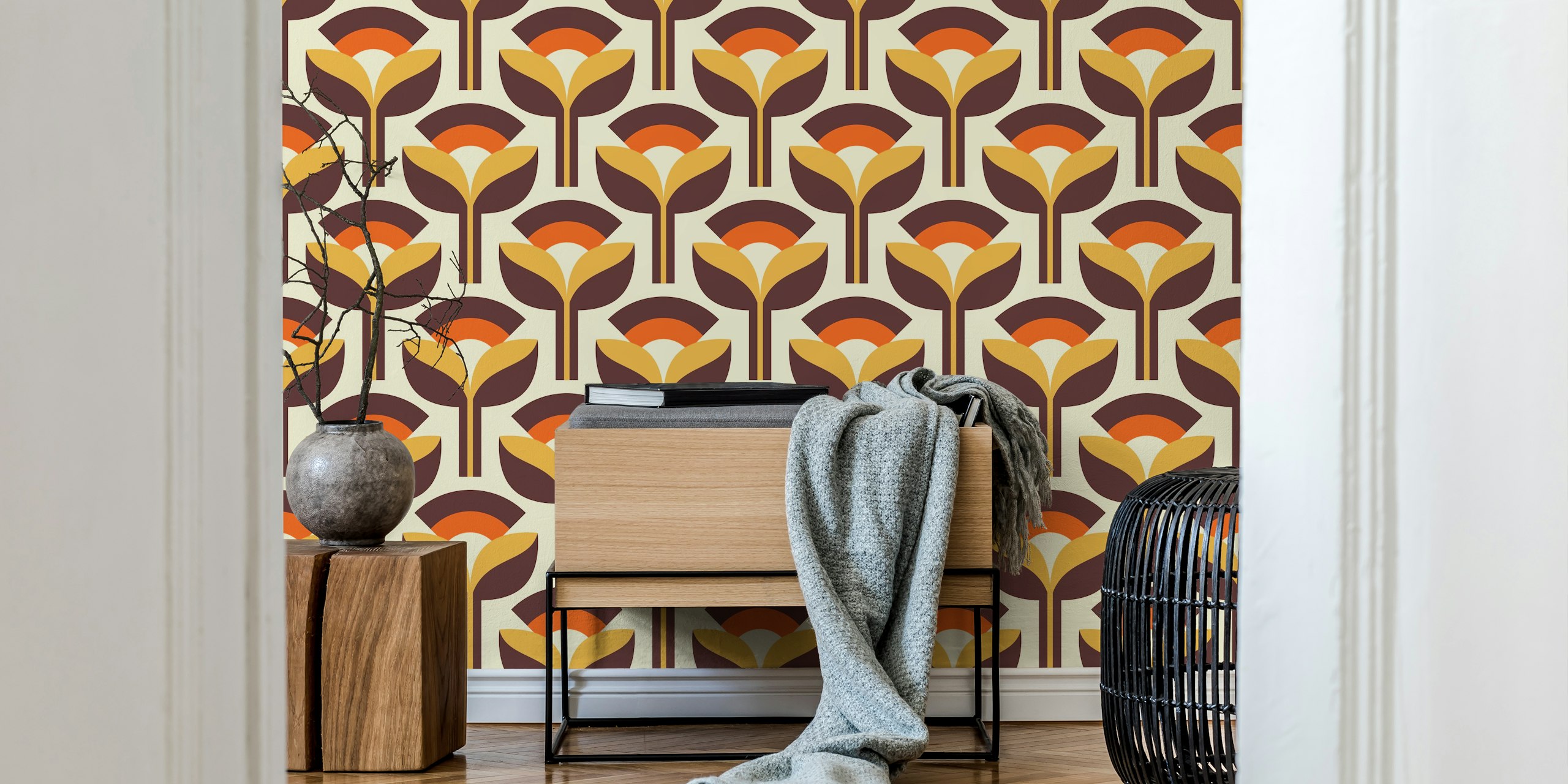 Geometric floral pattern in orange, brown, and yellow colors on cream background wallpaper
