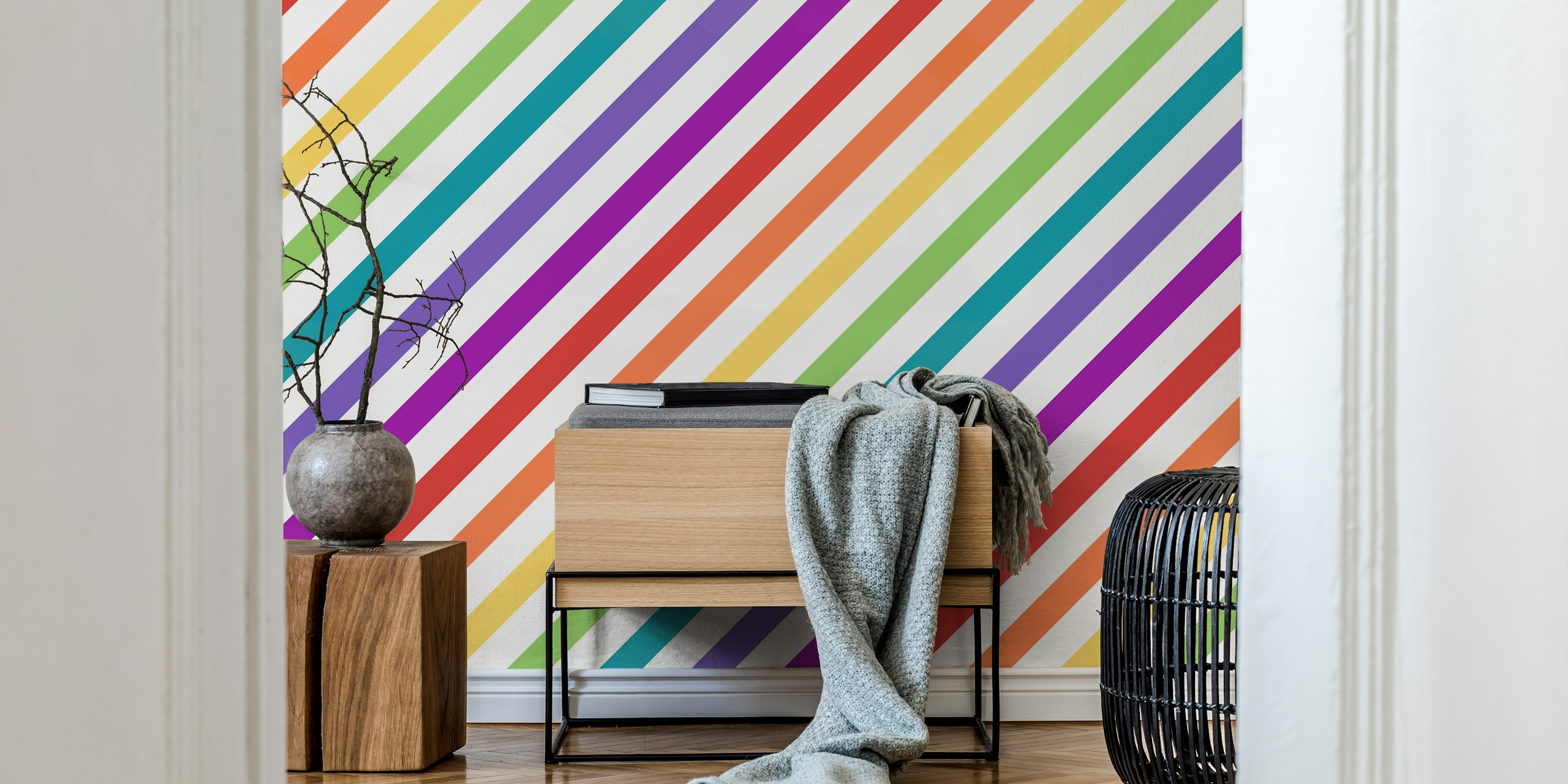 Diagonal stripes in rainbow colors on a white background wallpaper