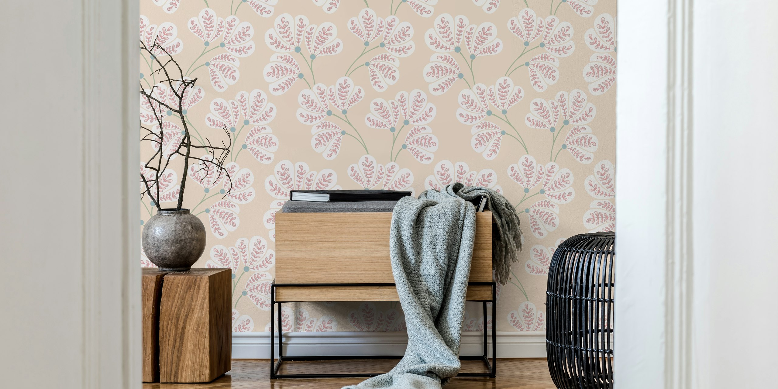 Olivia Folk Art Leaves wallpaper in een kamer