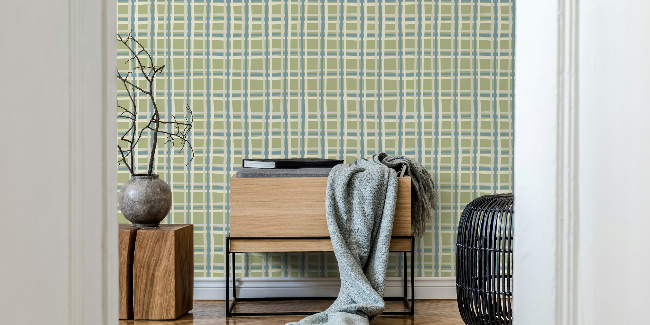 Sage green and cream striped wallpaper with a hand-drawn grid pattern